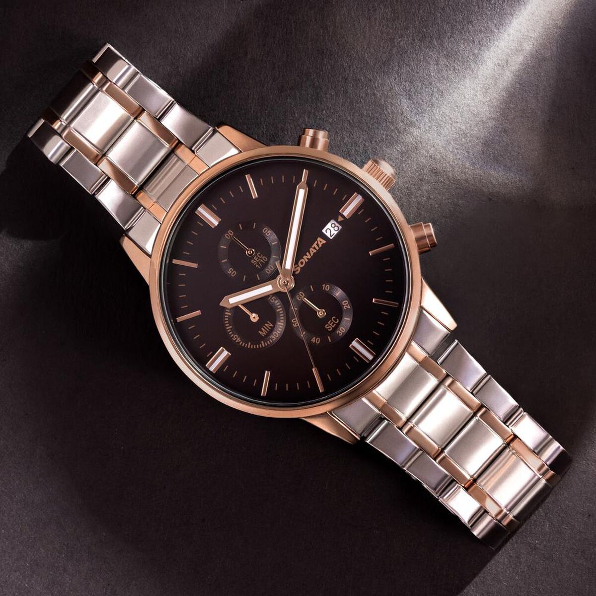 Sonata Quartz Multifunction Black Dial Two Toned Stainless Steel Strap Watch For Men 1