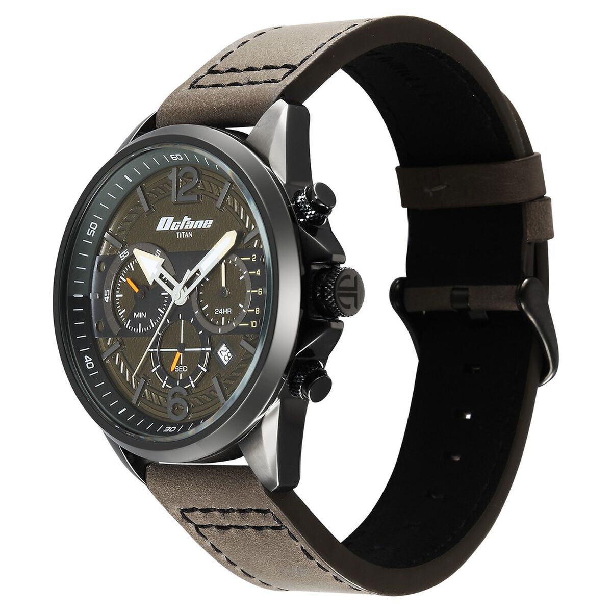 Titan Octane Cred Analog with Green Dial Grey Leather Strap Watch for Men 3