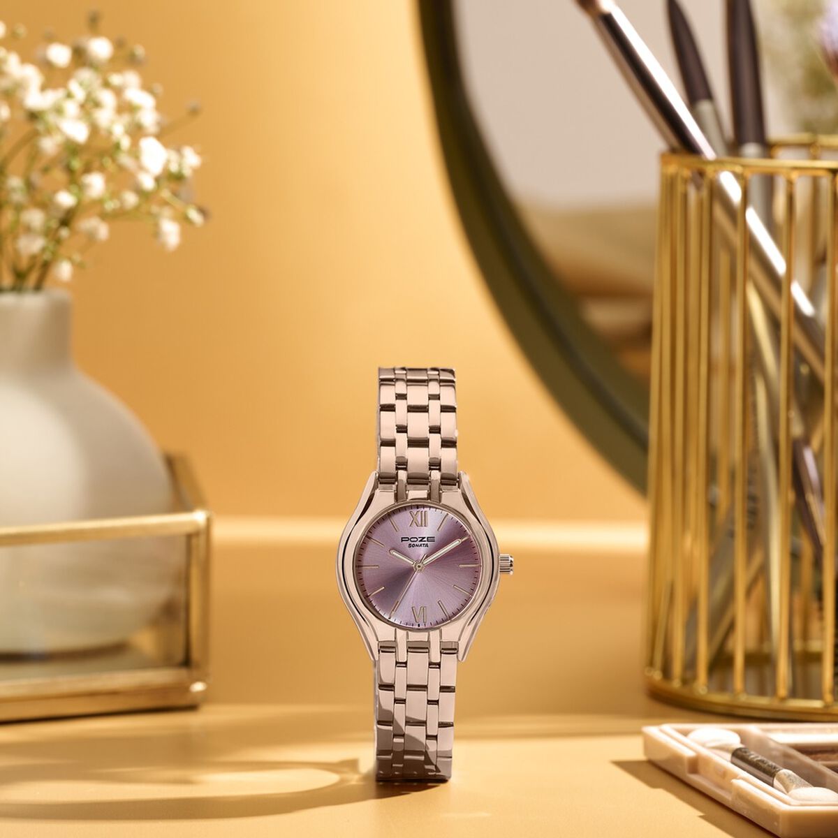 Poze By Sonata Quartz Analog Pink Dial Rose Gold Metal Strap Watch For Women 1