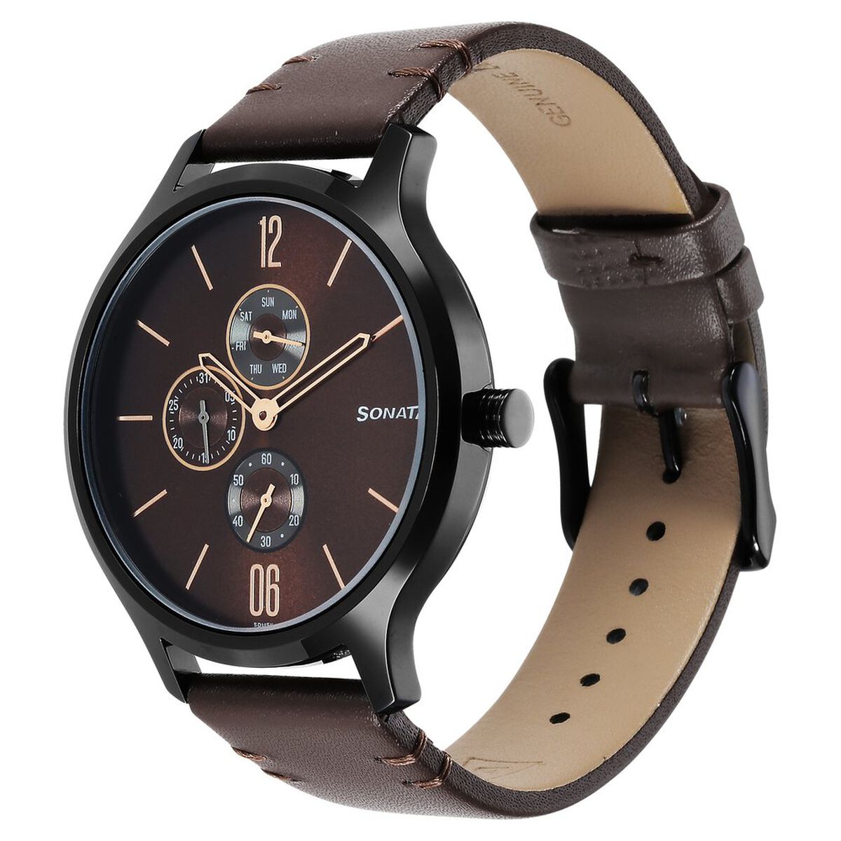 Sonata Quartz Multifunction Brown Dial Leather Strap Watch for Men 2