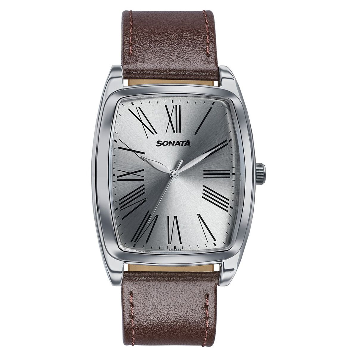 Sonata Ascent Quartz Analog Silver Dial Brown Leather Strap Tonneau Watch For Men 1