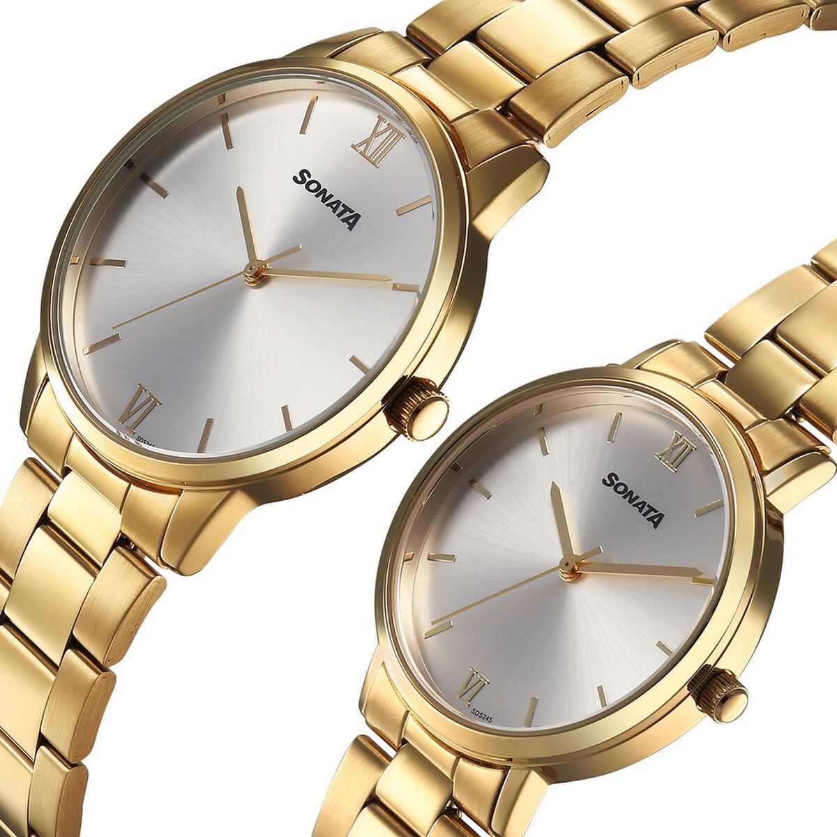 Sonata Perfect Pairs Quartz Analog Silver Dial Golden Metal Strap Watch For Couple 3