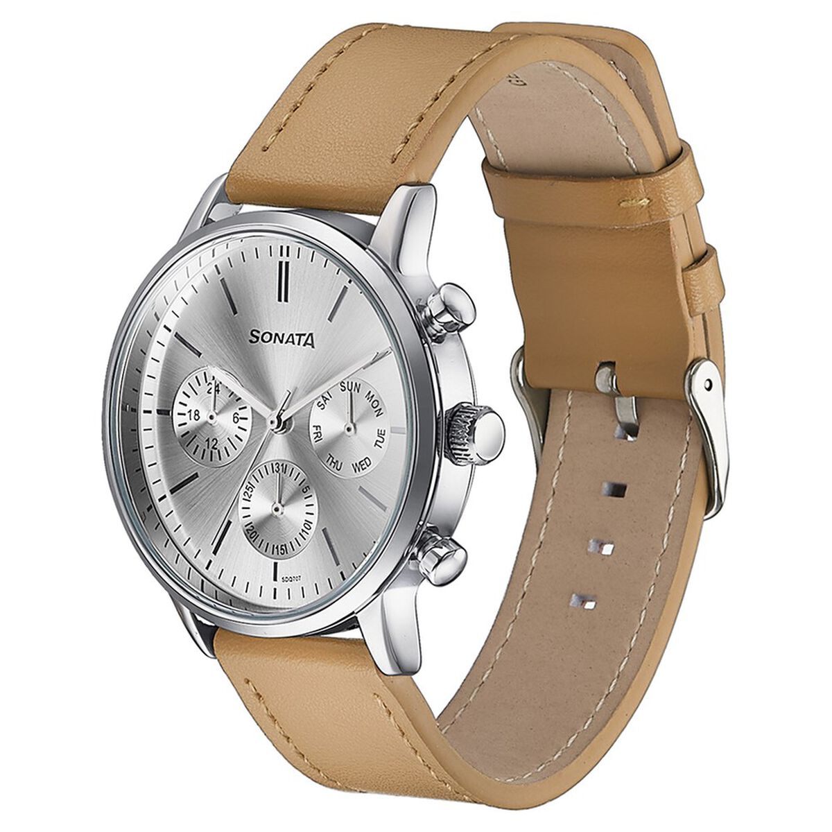 Sonata Quartz Multifunction Silver Dial Brown Leather Strap Watch For Men 4