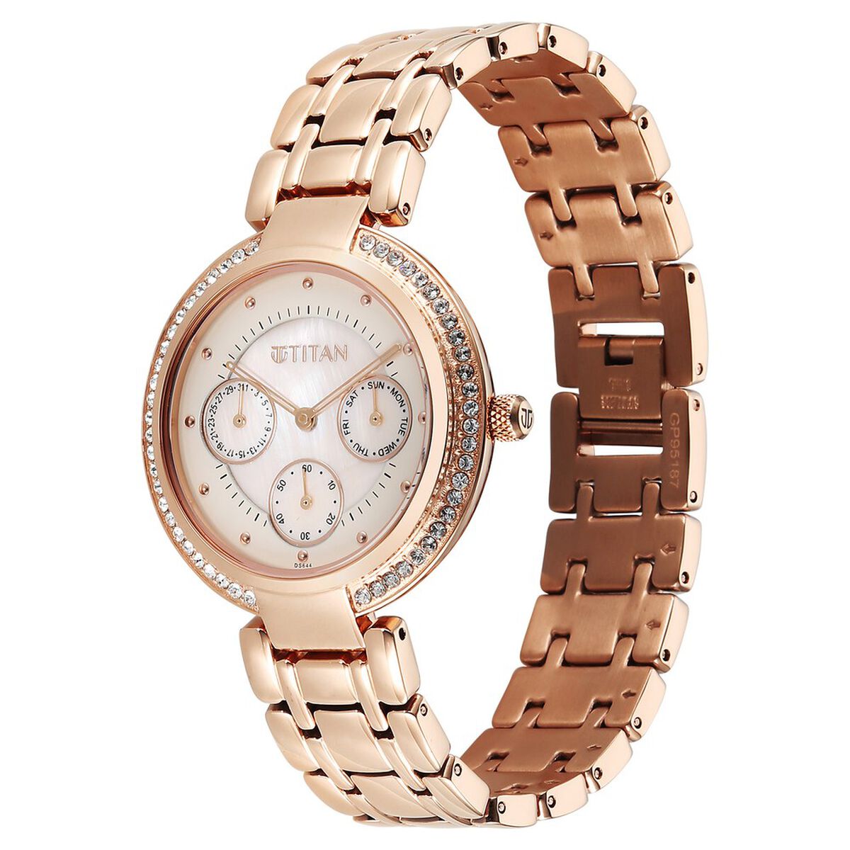 Titan Purple Eternal Quartz Analog Off White Dial Rose Gold Metal Strap Watch For Women 3