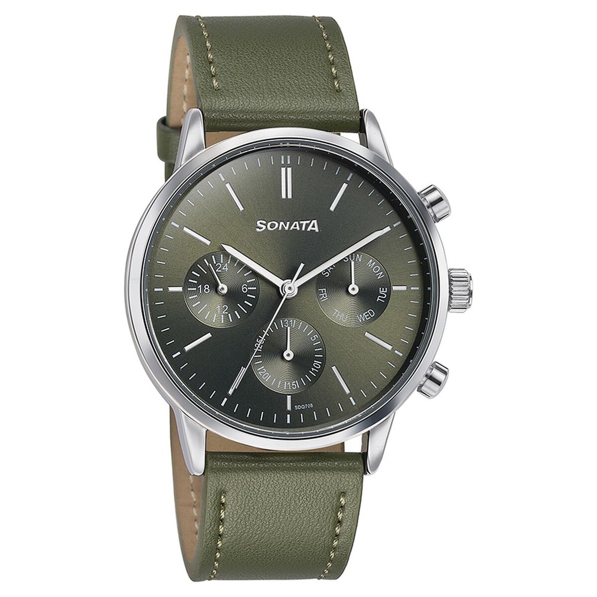 Sonata Quartz Multifunction Green Dial Green Leather Strap Watch For Men 3