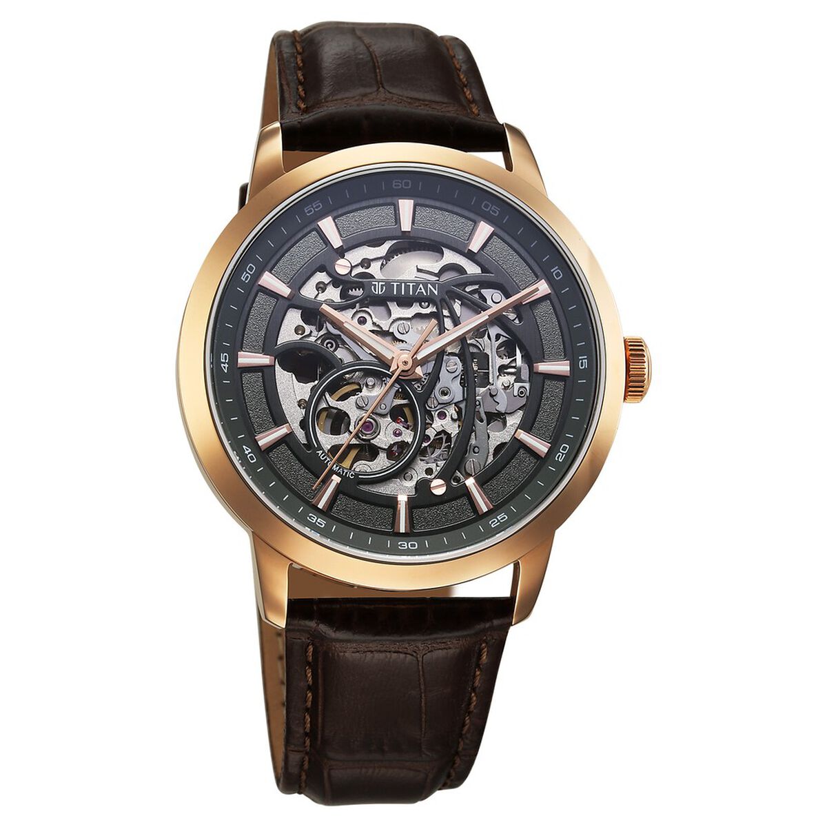 Titan Phoenix Skeletal Automatic Analog with Gun Dial Brown Leather Strap Watch for Men 3