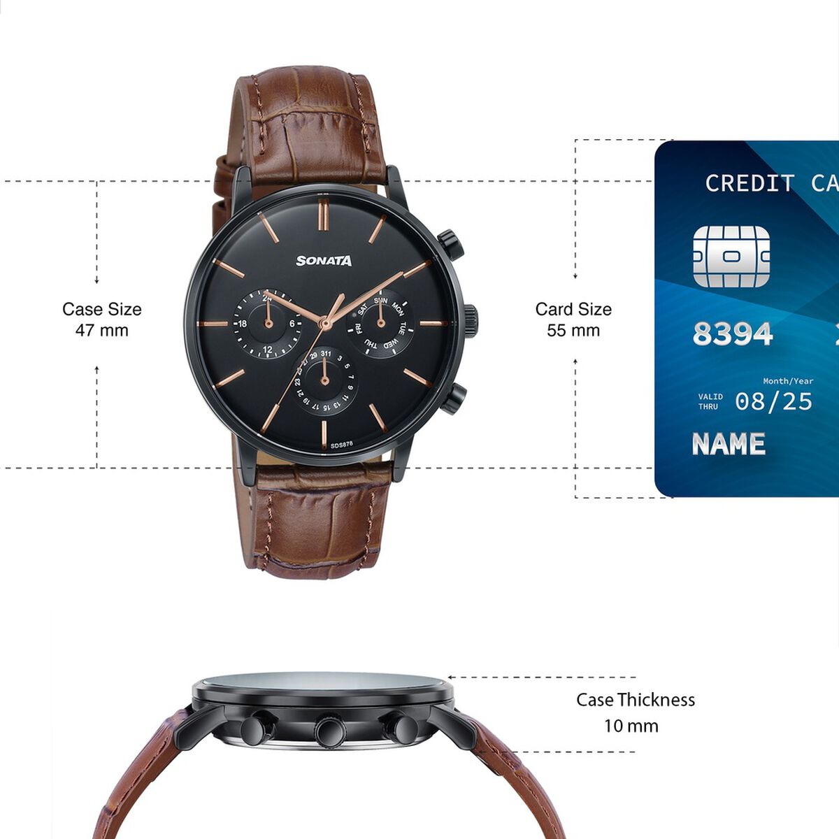Sonata Festive Quartz Multifunction Black Dial Brown Leather Strap Watch For Men 4