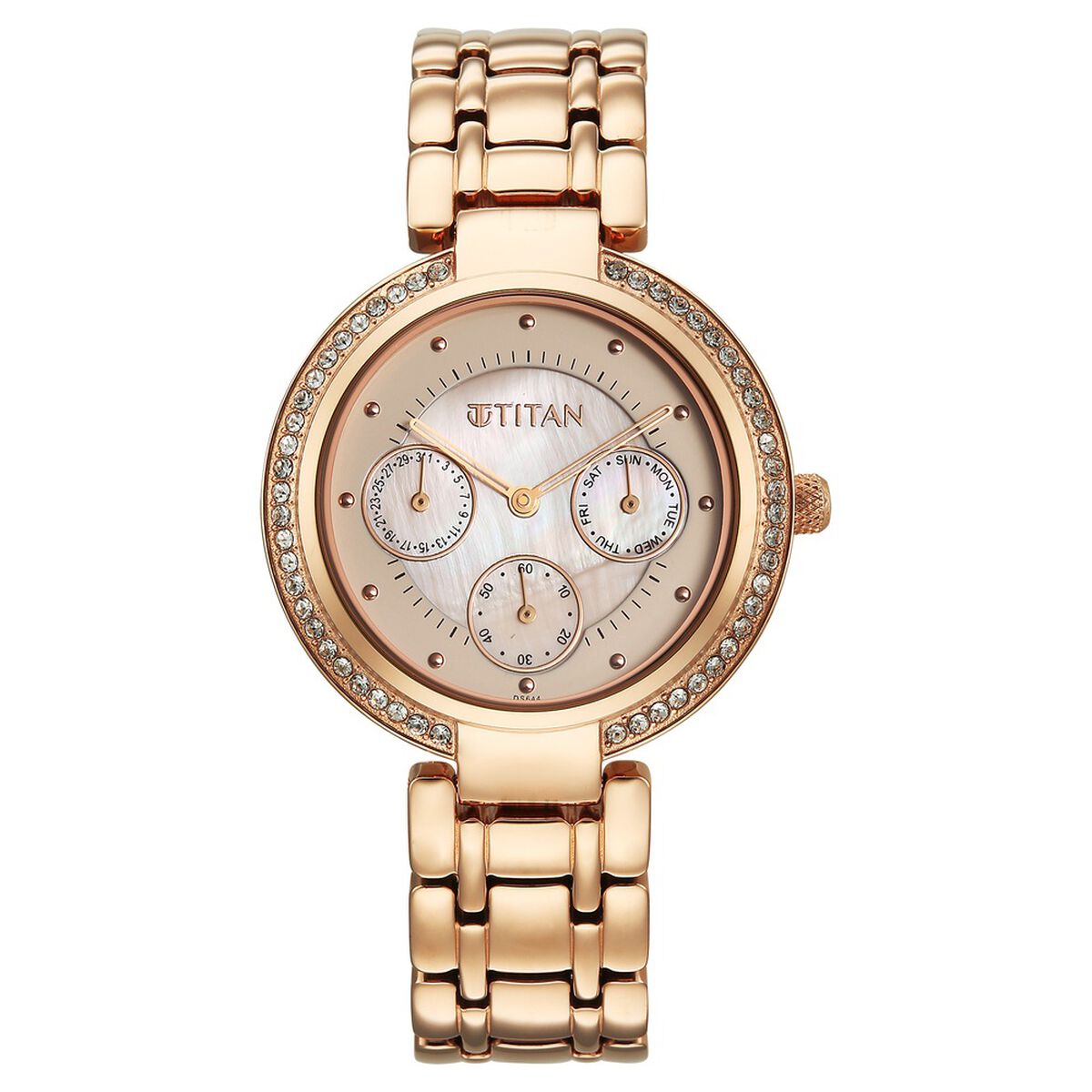 Titan Purple Eternal Quartz Analog Off White Dial Rose Gold Metal Strap Watch For Women 1