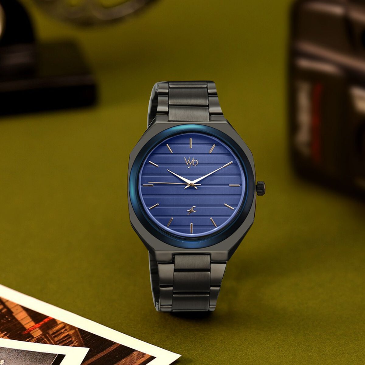 Vyb Horizon By Fastrack Quartz Analog Blue Dial Grey Stainless Steel Strap Watch For Guys 1