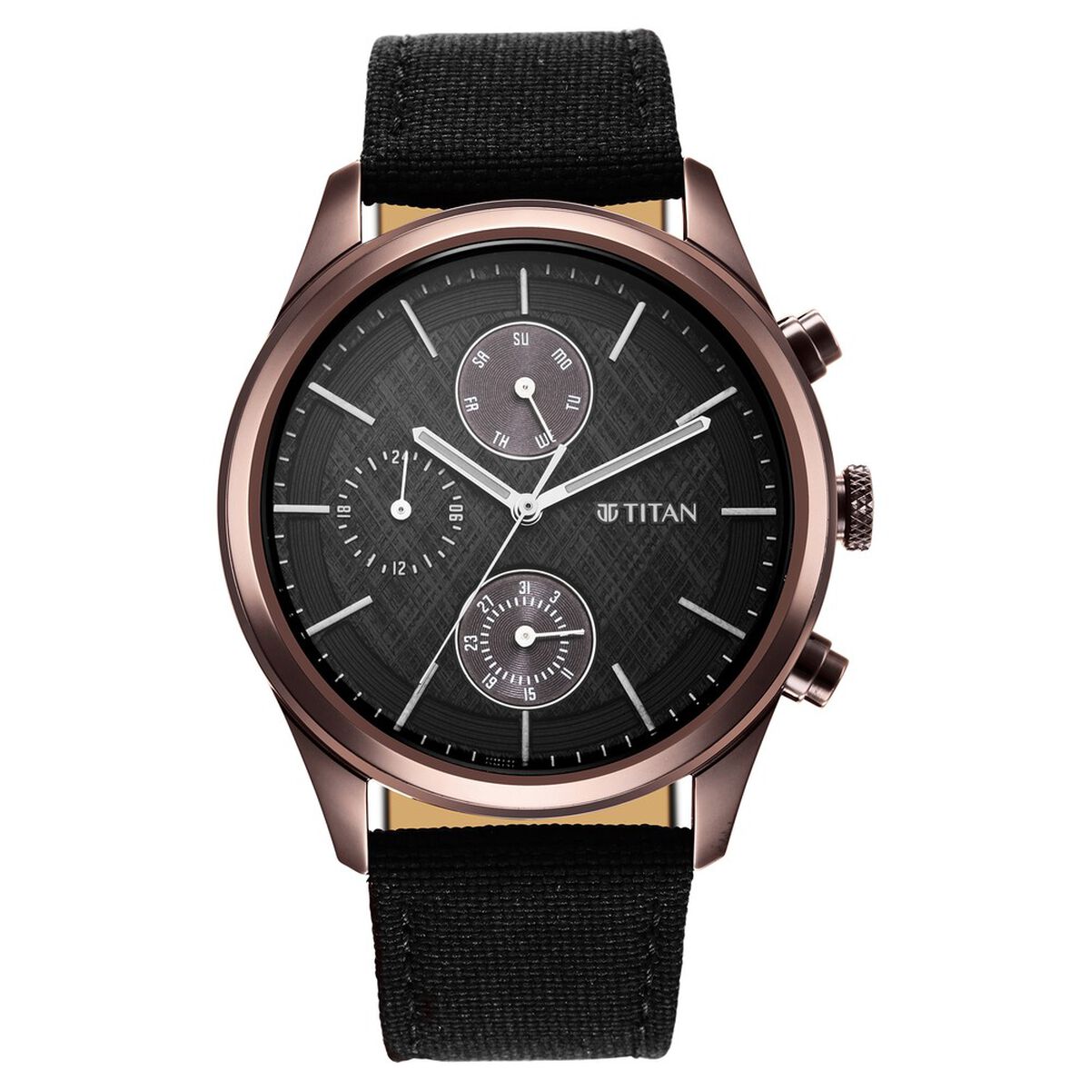 Titan Men's Infinity Chrono watch: Precise Black Dial, Rose Gold Highlights, Durable Leather Strap 2