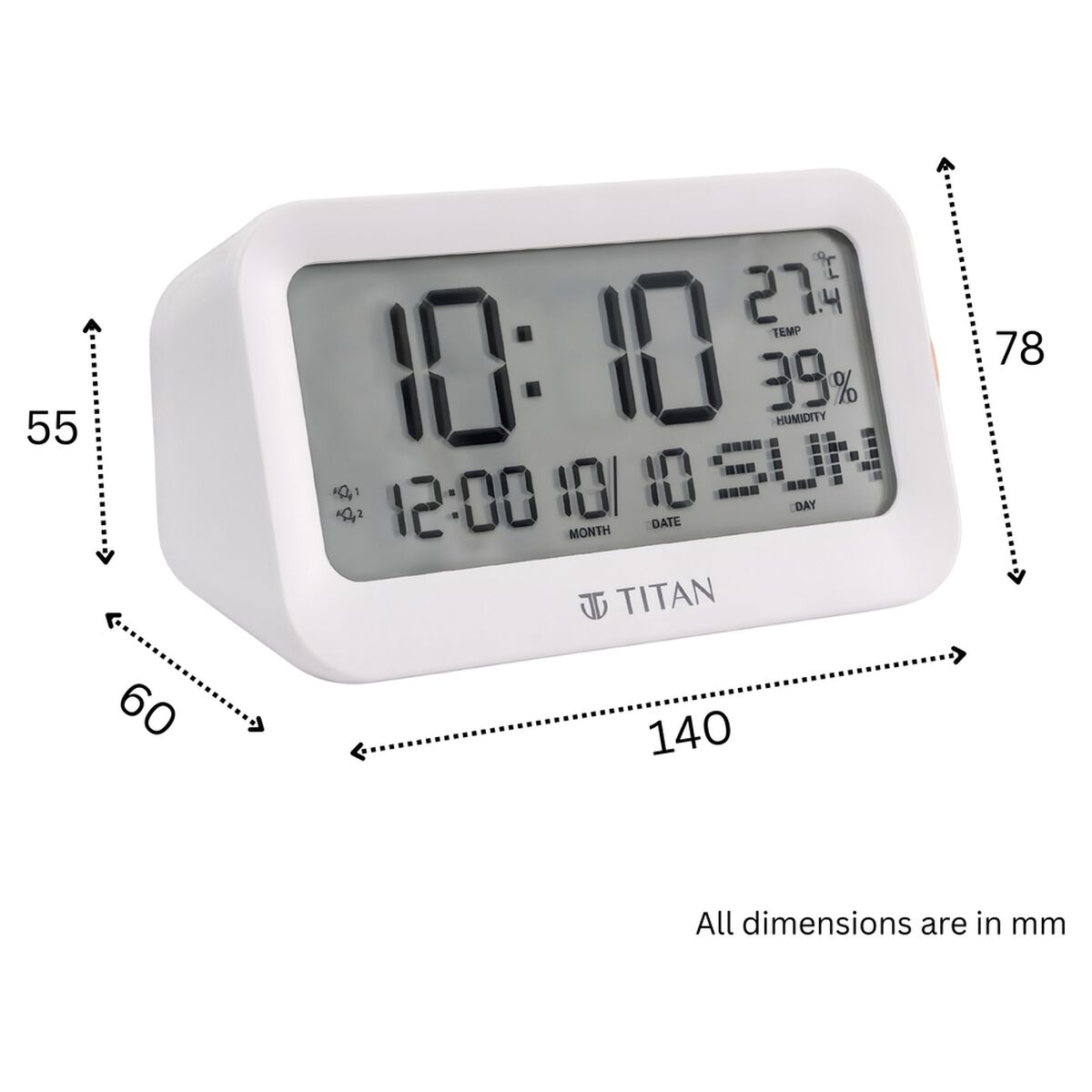Titan Alarm Clock - Digital Lcd Screen Display With Day Date Month Temperature Humidity, Rotating Knob Setting 3