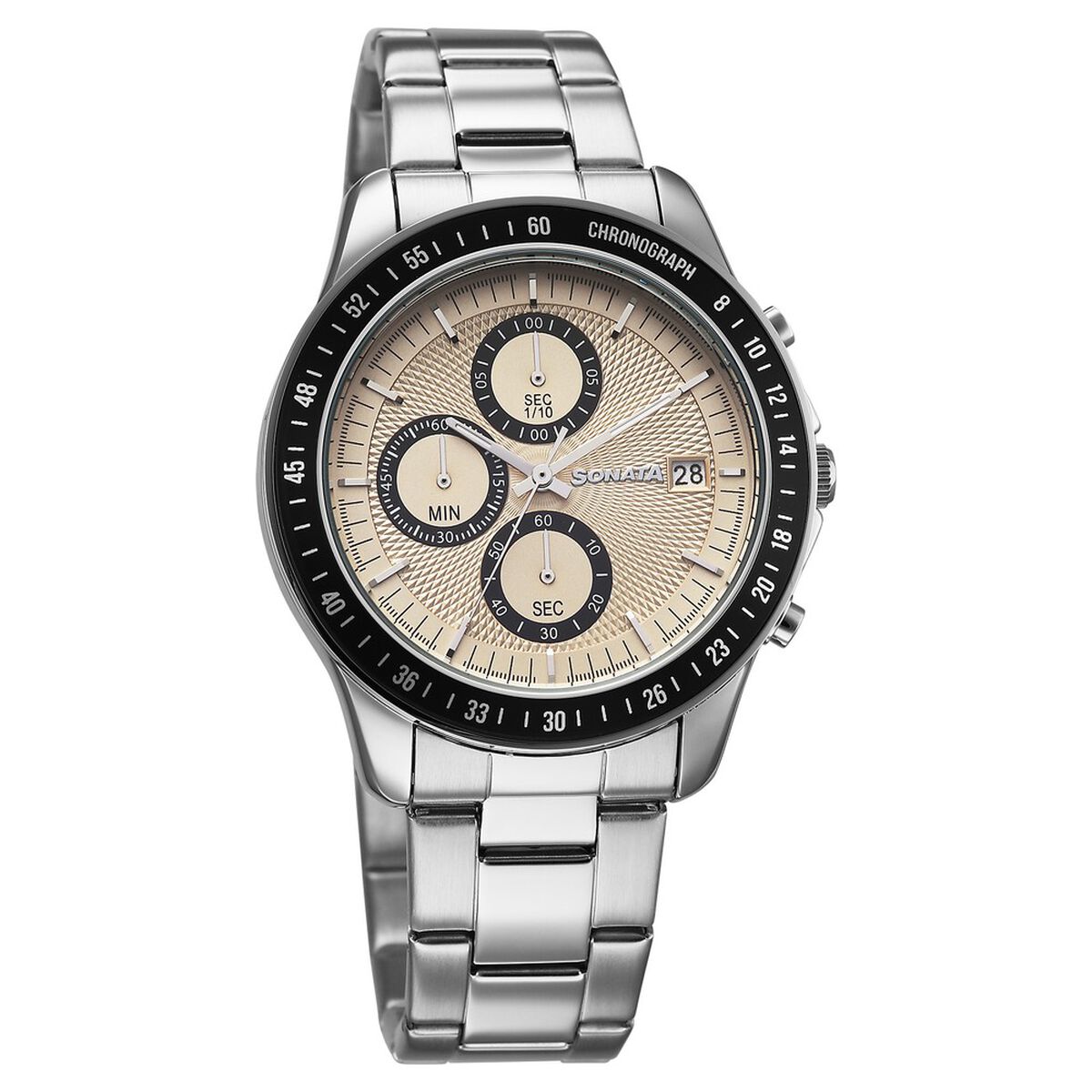 Sonata Chronos Quartz Analog with Date Champagne Dial Silver Colour Stainless Steel Strap Watch For Men 2