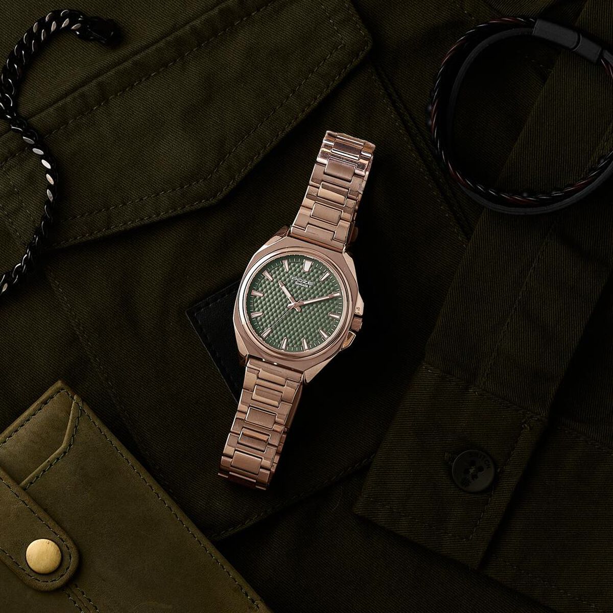 Poze By Sonata Quartz Analog Green Dial Rose Gold Metal Strap Watch For Men 1