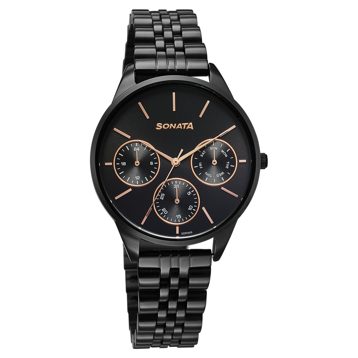 Sonata Eternia Quartz Multifunction Black Dial Metal Strap Watch For Women 1