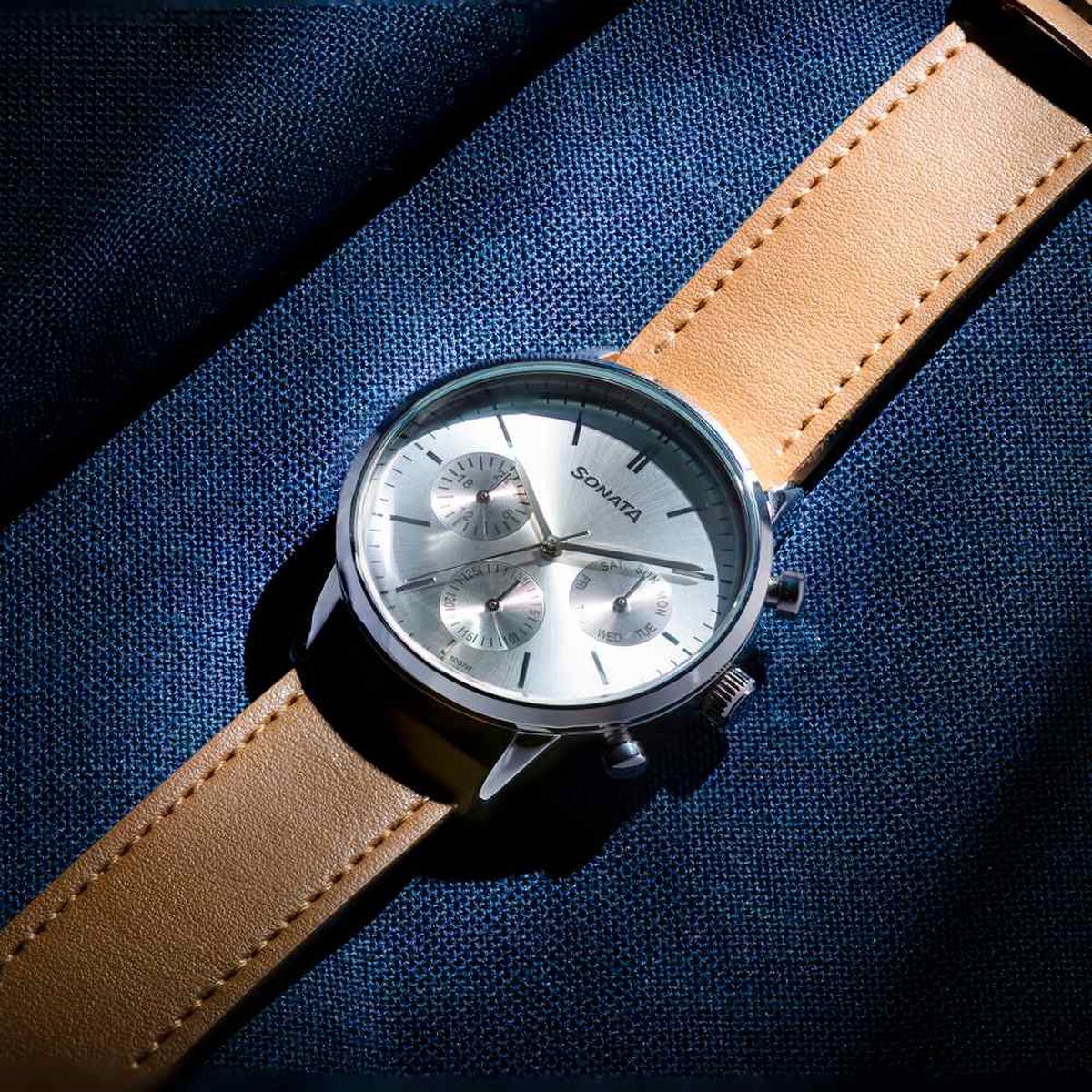 Sonata Quartz Multifunction Silver Dial Brown Leather Strap Watch For Men 1