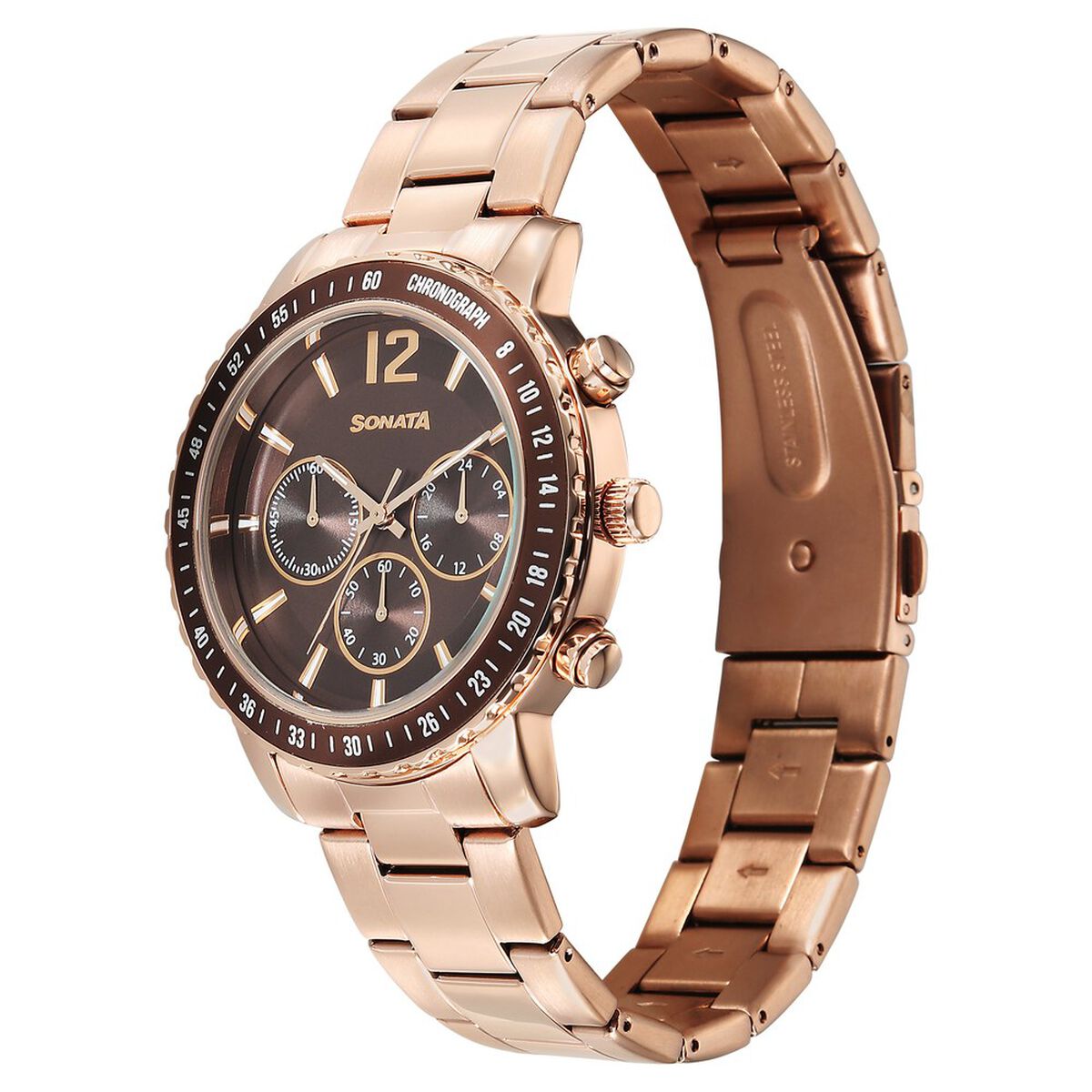 Sonata Chronos Quartz Analog with Date Brown Dial Rose Gold Colour Stainless Steel Strap Watch For Men 2