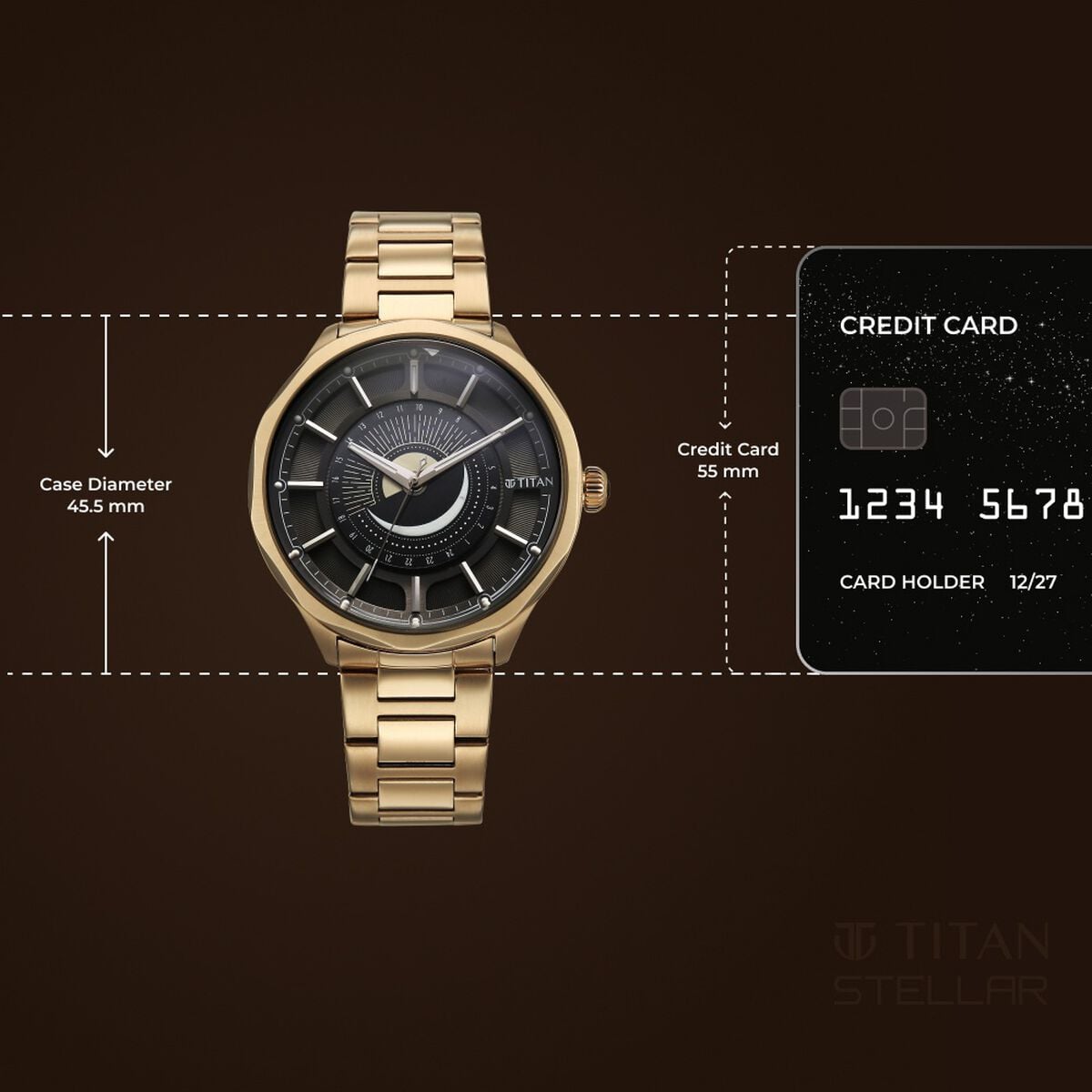Titan Stellar Analog with Sun Moon Phase and Black Dial Carnation Gold Stainless Steel Strap Watch for Men 4