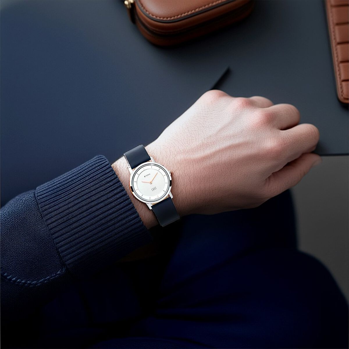 Titan Edge Quartz Analog White Dial Blue Leather Strap Watch For Men 4