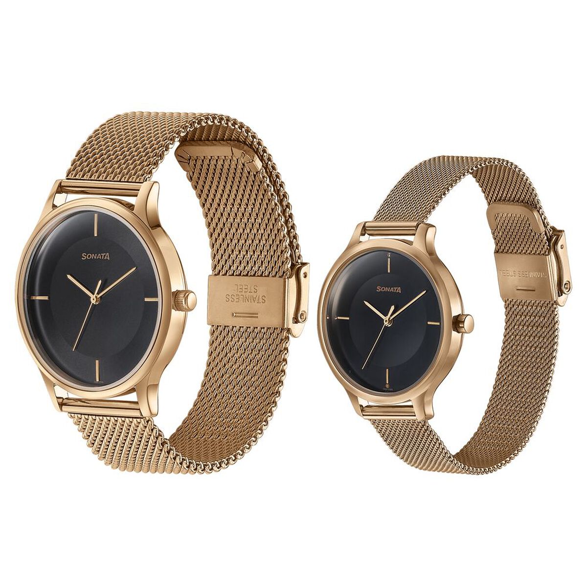 Sonata Modern Bandhan Quartz Analog Black Dial Rose Gold Stainless Steel Strap Watch For Couple 3