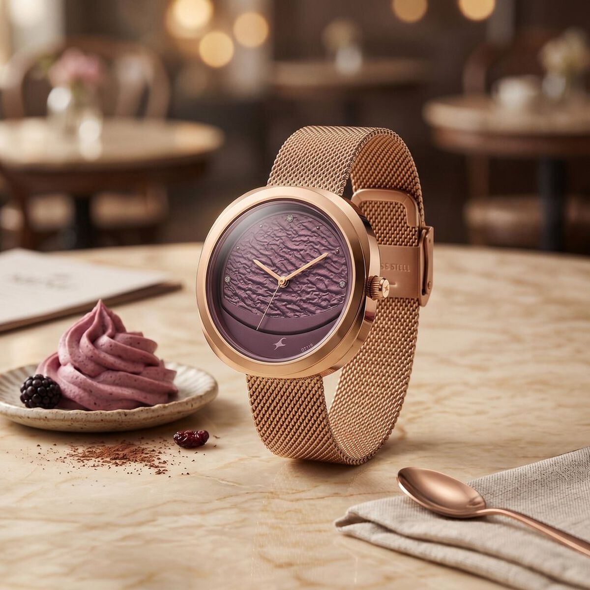 Fastrack Gelato rosegold analog mesh strap watch with Plum dial for Girls 1