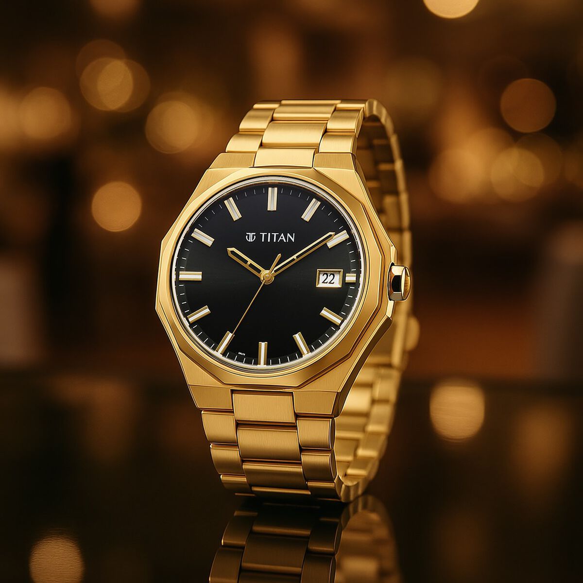 Titan Regalia Dodecagon Quartz Analog with Date Black Dial Golden Stainless Steel Strap Watch For Men 1