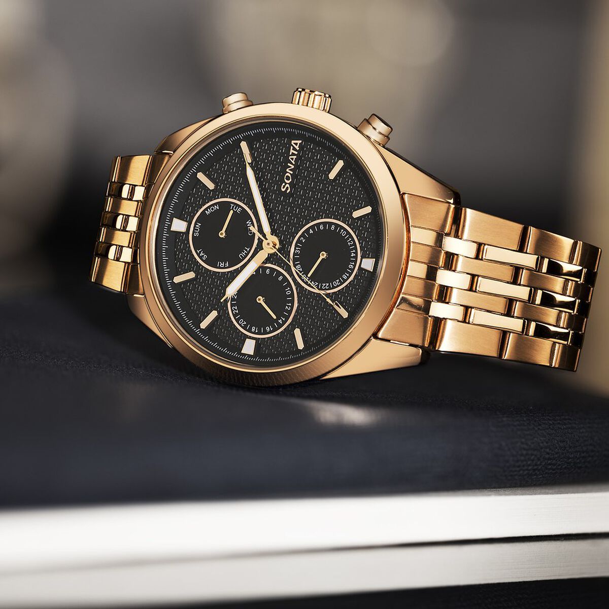 Sonata Magna Quartz Multifunction Black Dial Rose Gold Stainless Steel Strap Watch For Men 1