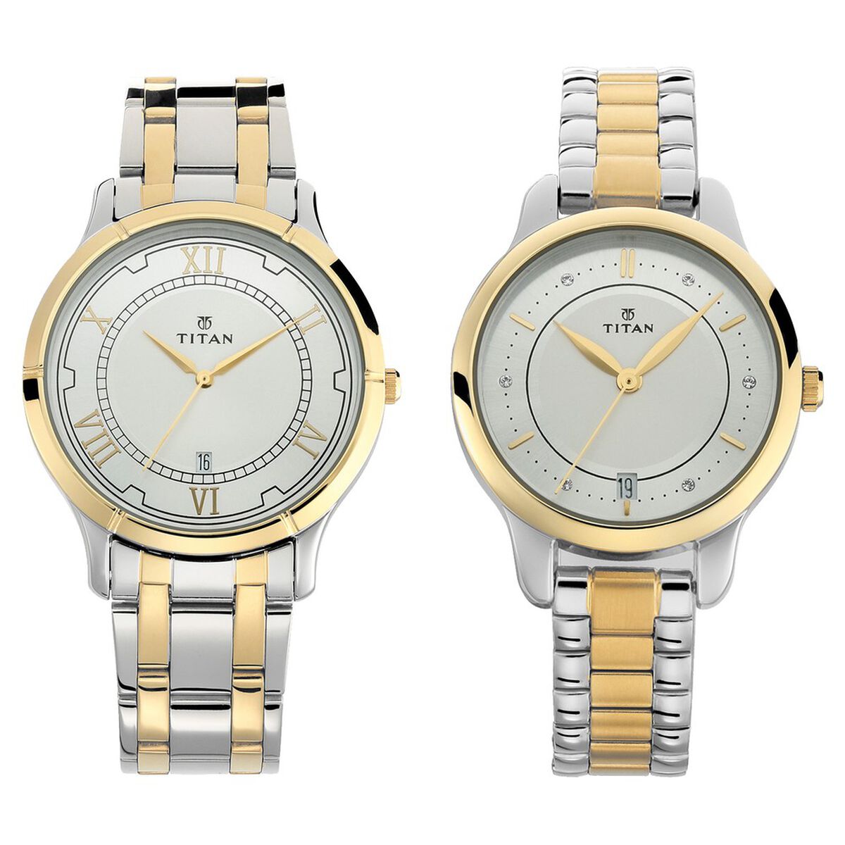 Titan Bandhan Quartz Analog with Date Silver Round Dial Two Toned Stainless Steel Strap Watch For Couple 1