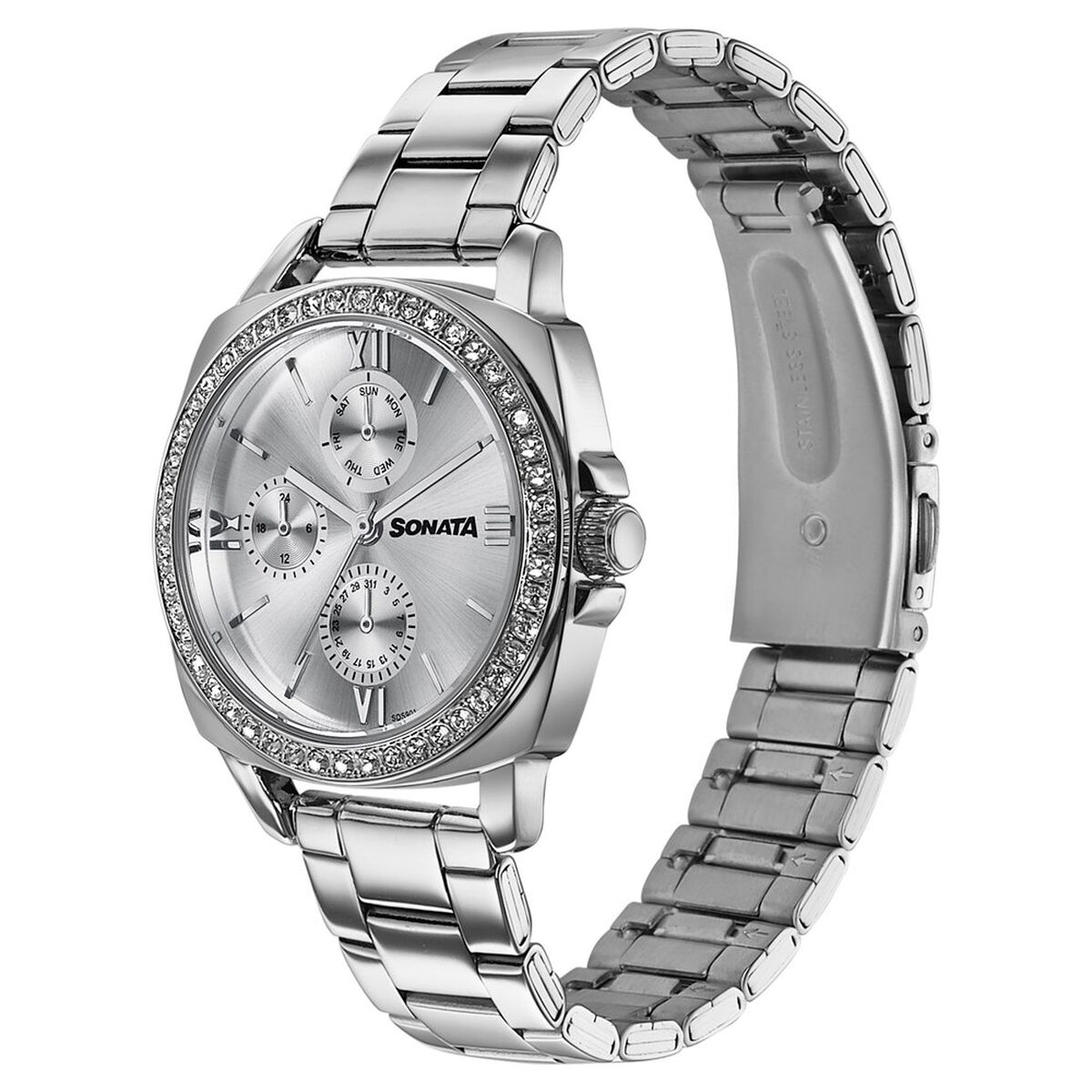 Sonata Festive Quartz Multifunction Silver Dial Silver Metal Strap Watch For Women 3