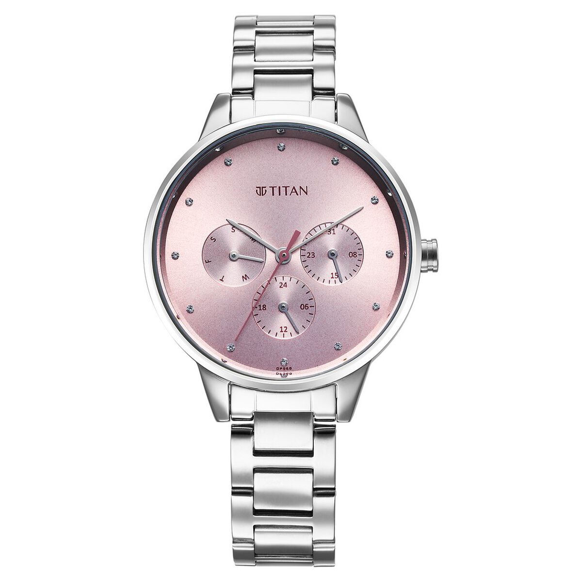 Titan Purple Razzle Dazzle Quartz Analog with Day and Date Pink Dial Silver Stainless Steel Strap Watch For Women 1