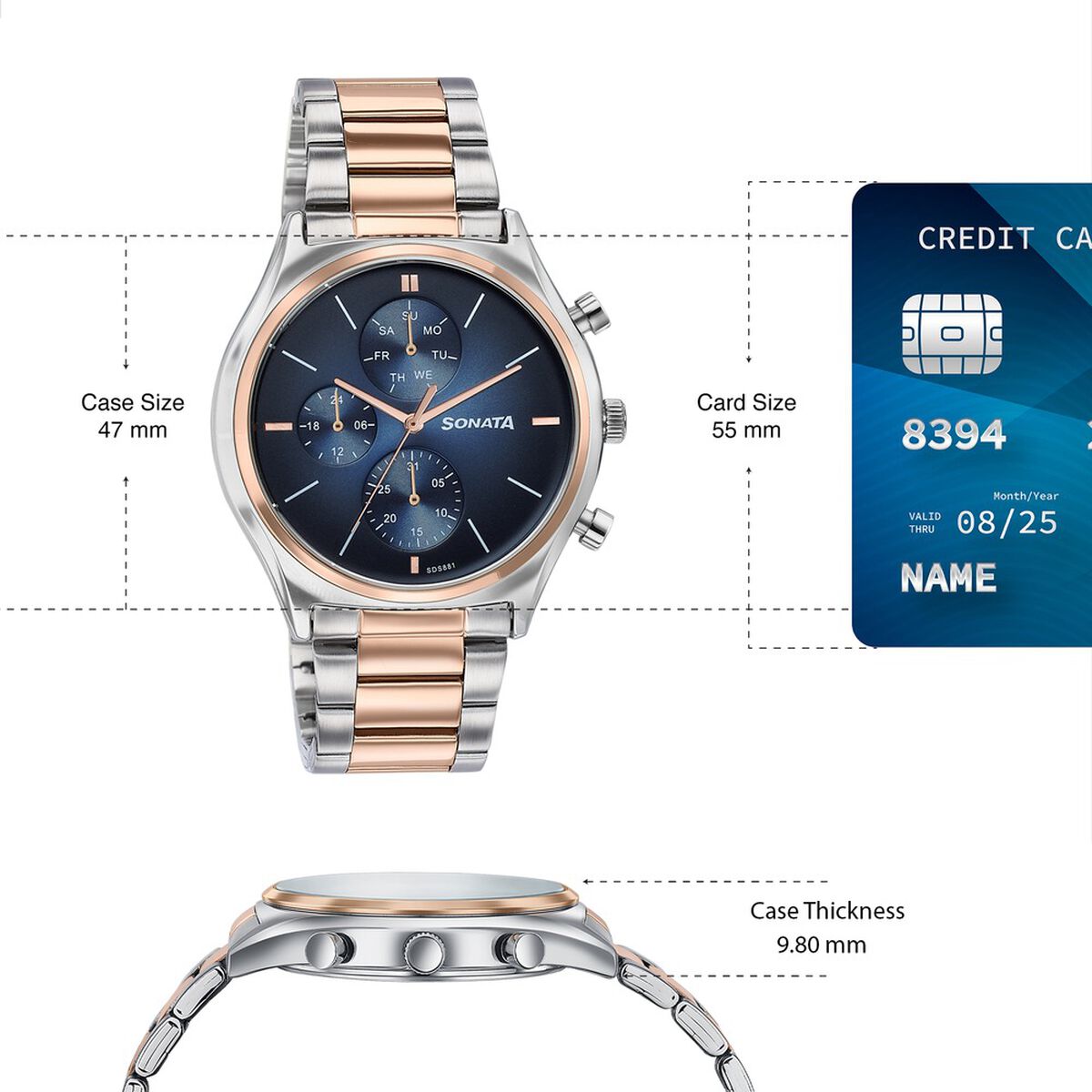 Sonata Festive Quartz Multifunction Blue Dial Two Toned Metal Strap Watch For Men 4