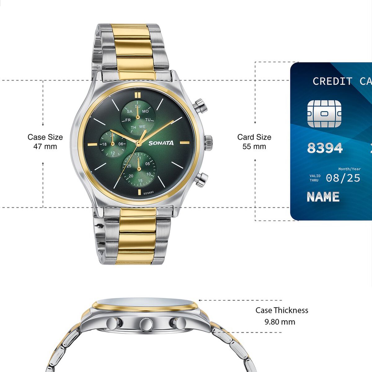 Sonata Festive Quartz Multifunction Green Dial Two Toned Metal Strap Watch For Men 4