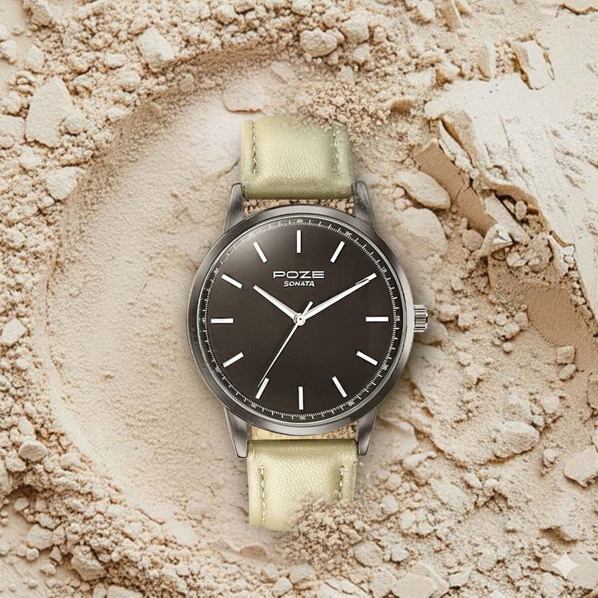 Poze By Sonata Quartz Analog Black Dial Beige Leather Strap Watch For Men 1