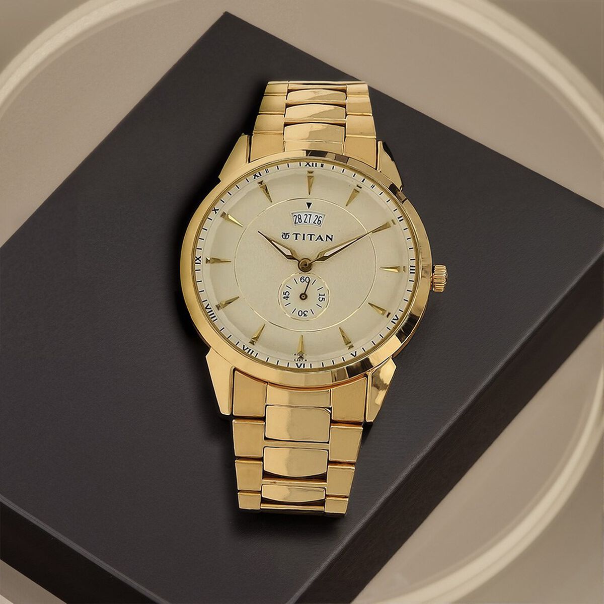 Titan Quartz Analog with Date Champagne Dial Stainless Steel Strap Watch for Men 1