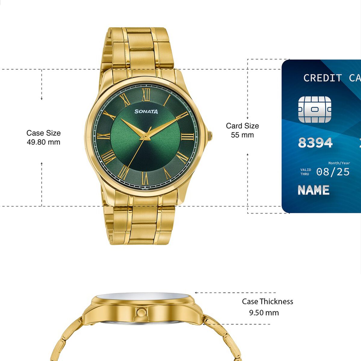 Sonata Traditional Essentials Green Dial Gold-Tone Stainless Steel Strap Watch 4