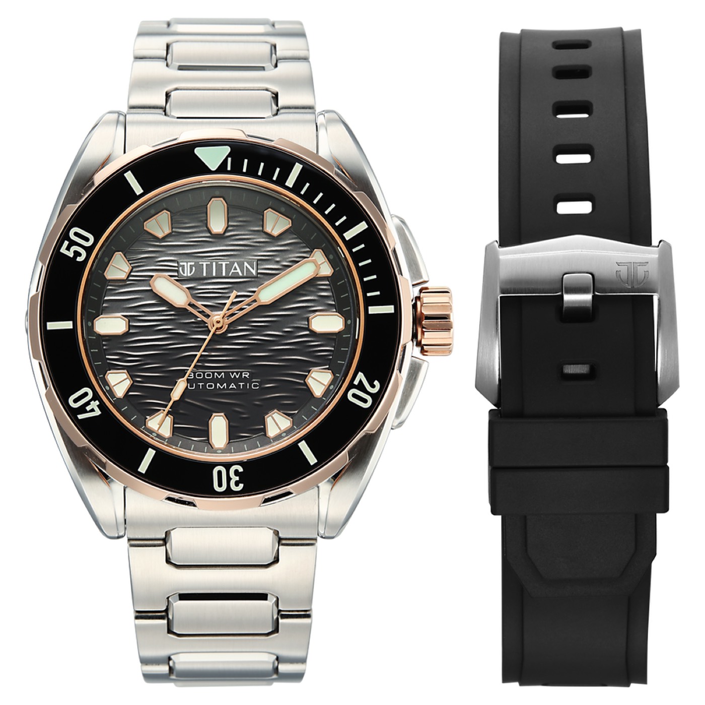 Titan Zero Hour Diver's 300m Automatic Analog with Black Dial Silver Stainless Steel & Black FKM Strap Watch for Men 1