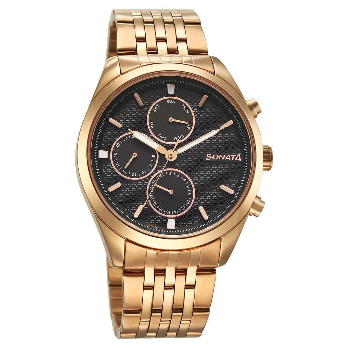 Sonata Magna Quartz Multifunction Black Dial Rose Gold Stainless Steel Strap Watch For Men 2