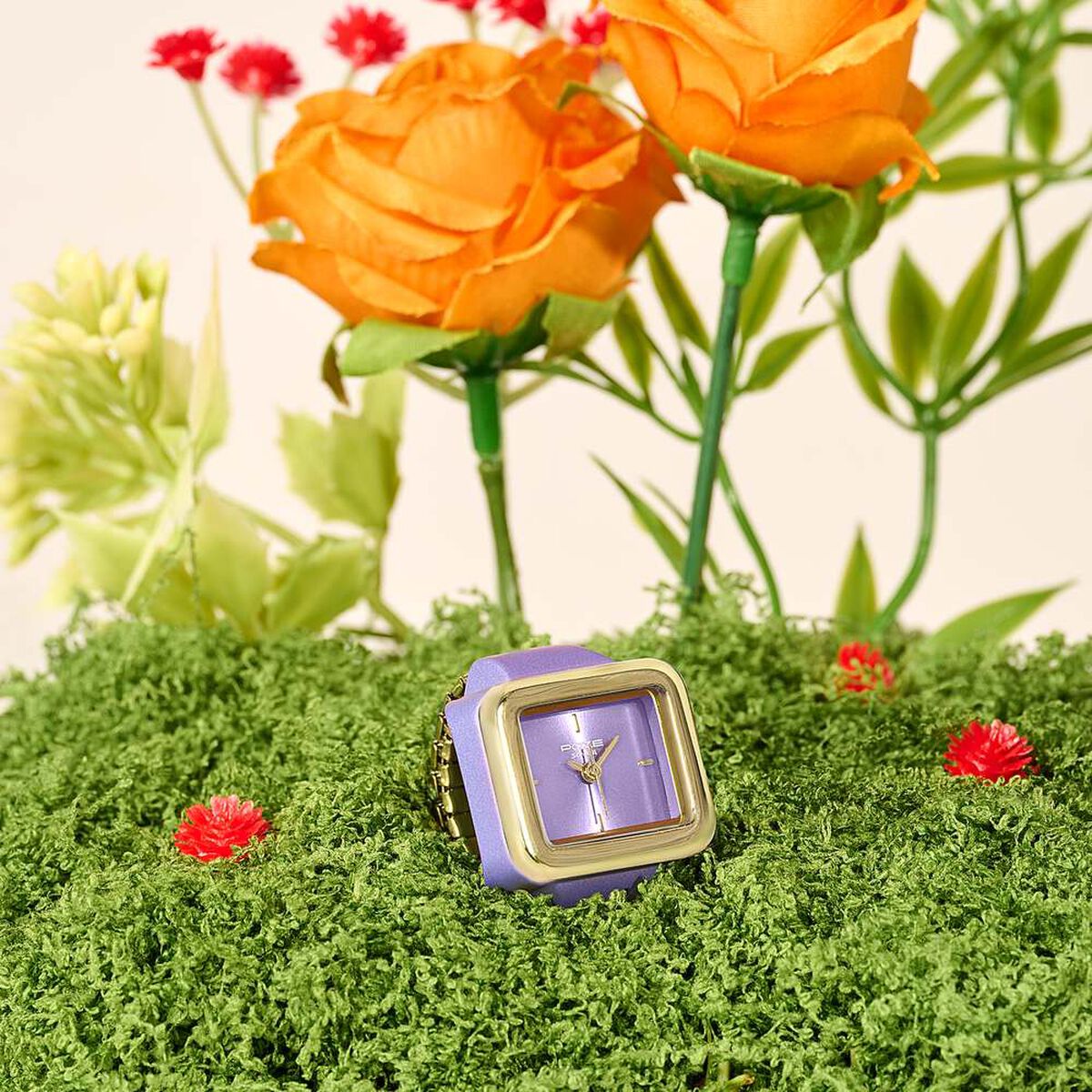 Ring Watch By Sonata Quartz Analog Purple Dial Golden Metal Strap Watch For Women 1
