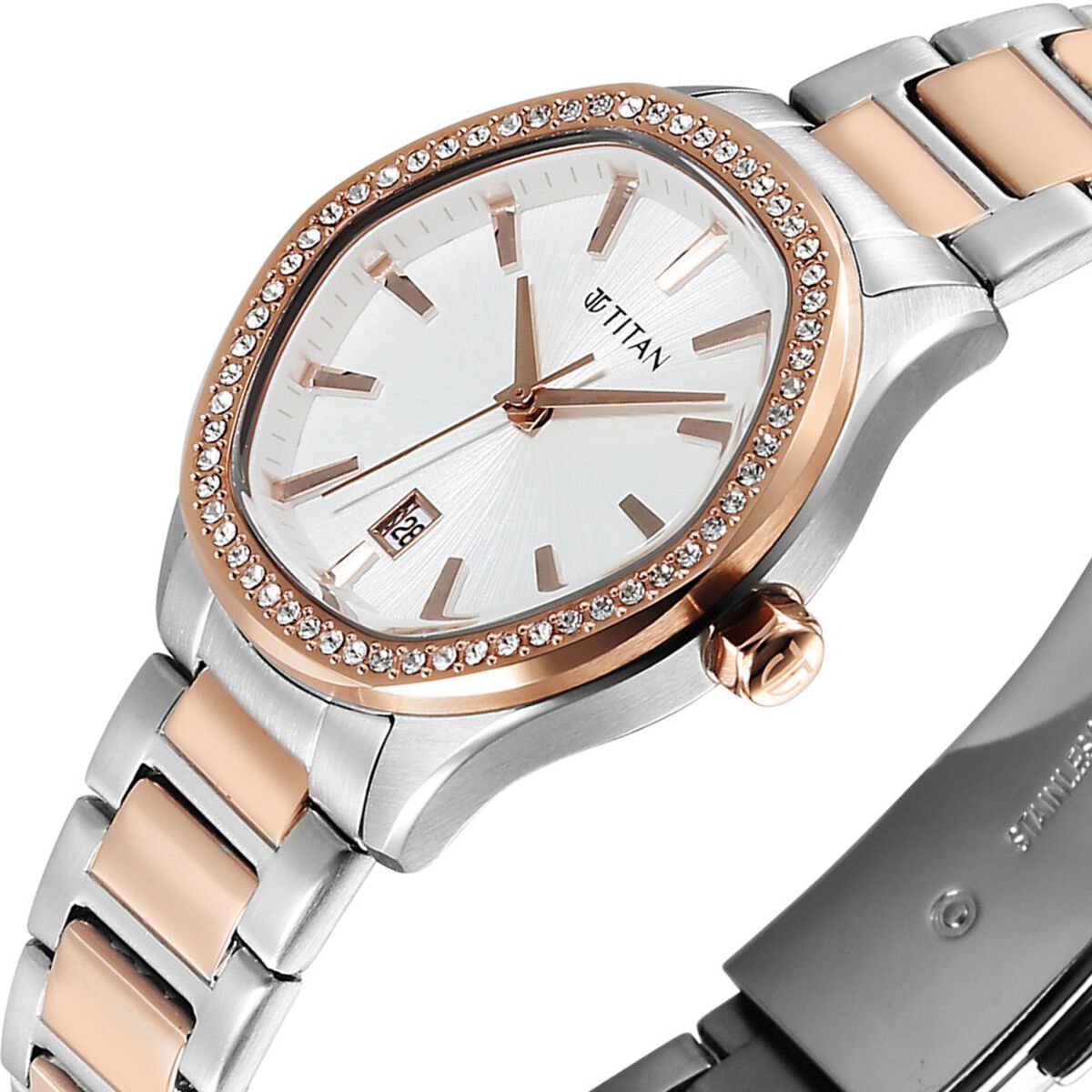 Titan Purple Glamour Quartz Analog with Date Silver Dial Two Toned Stainless Steel Strap Watch For Women 4