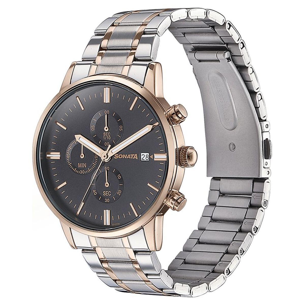 Sonata Quartz Multifunction Black Dial Two Toned Stainless Steel Strap Watch For Men 4