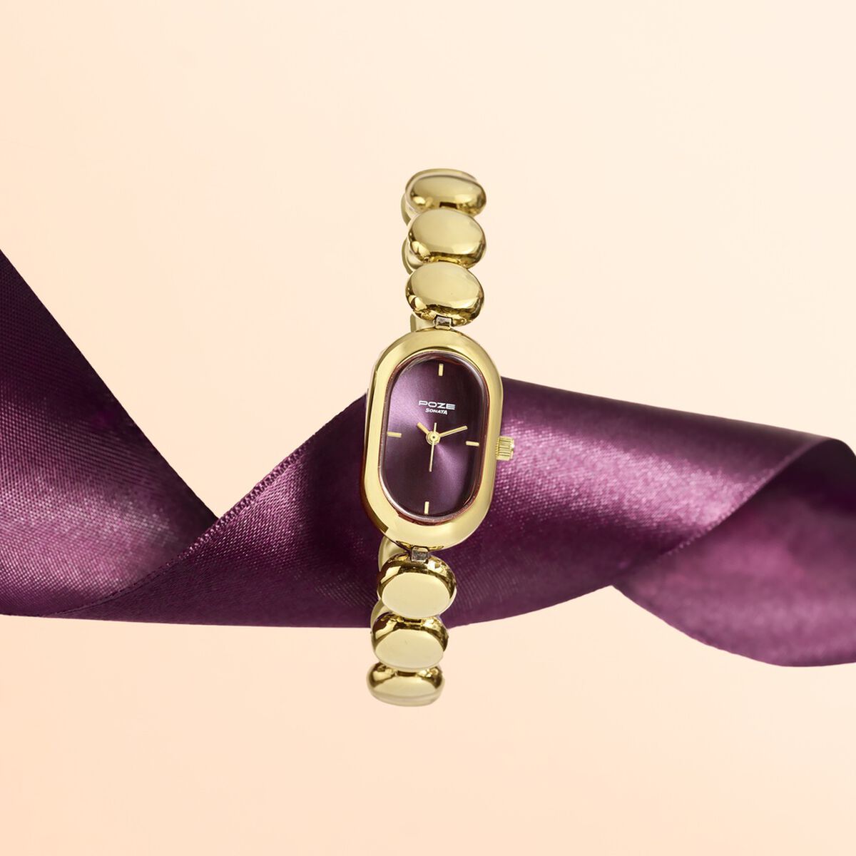 Poze By Sonata Quartz Analog Plum Dial Golden Metal Strap Watch For Women 1