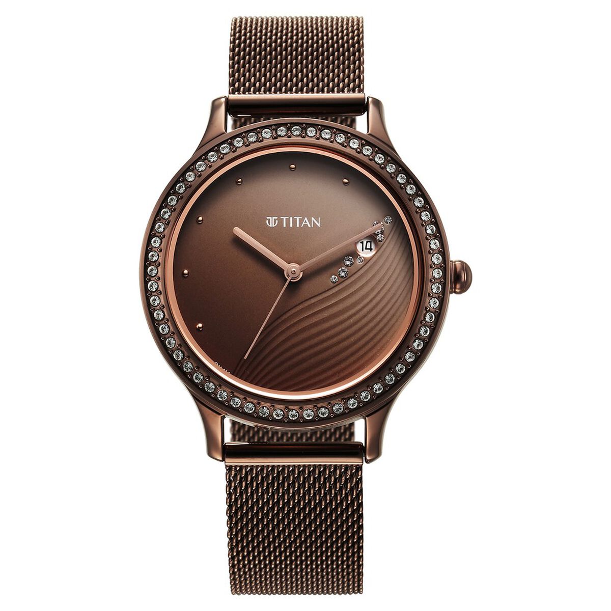 Titan Purple Glam It Up Brown Dial Analog with Date Stainless Steel Strap Watch for Women 1