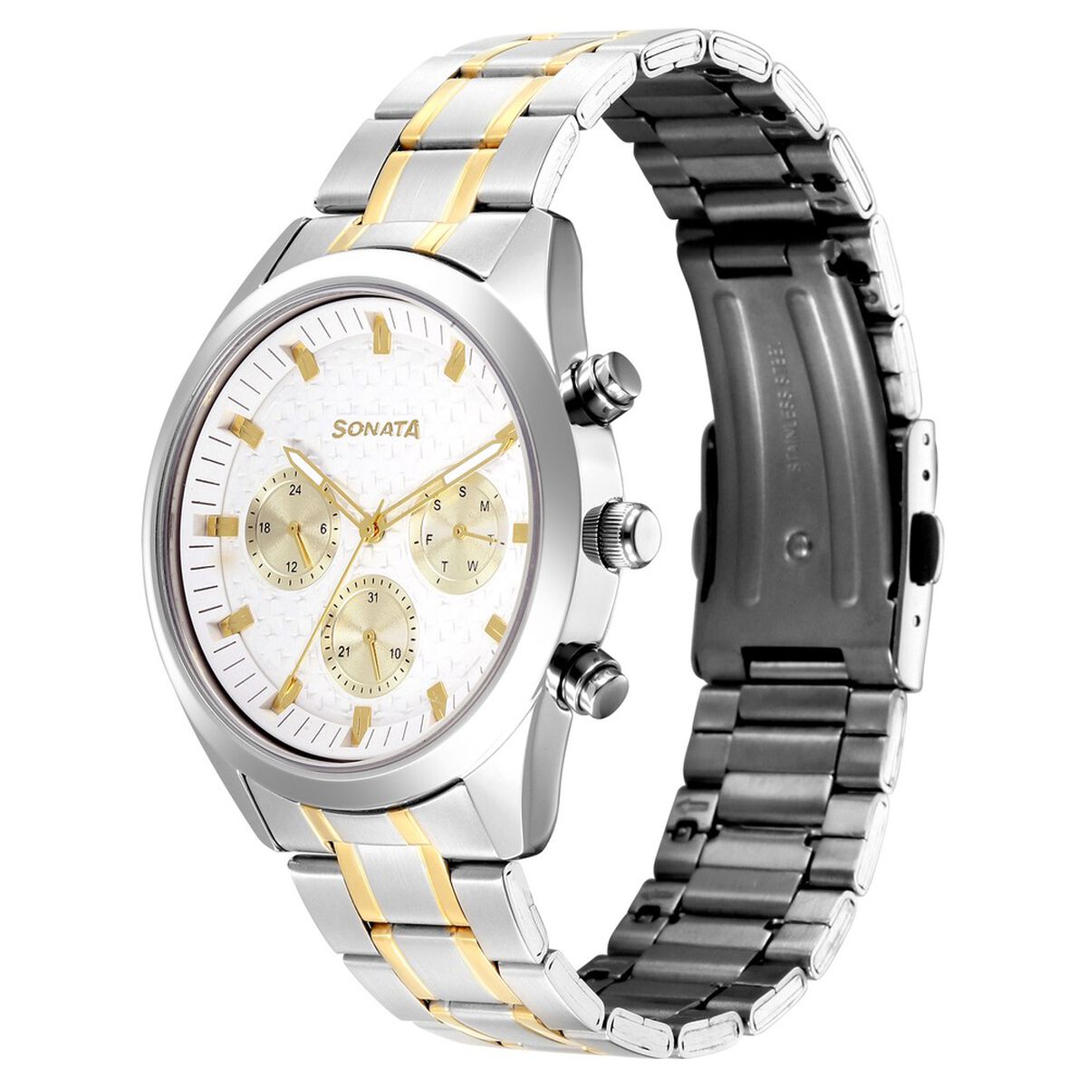 Sonata Multifunction White Dial Two Toned Metal Strap Watch For Men 3