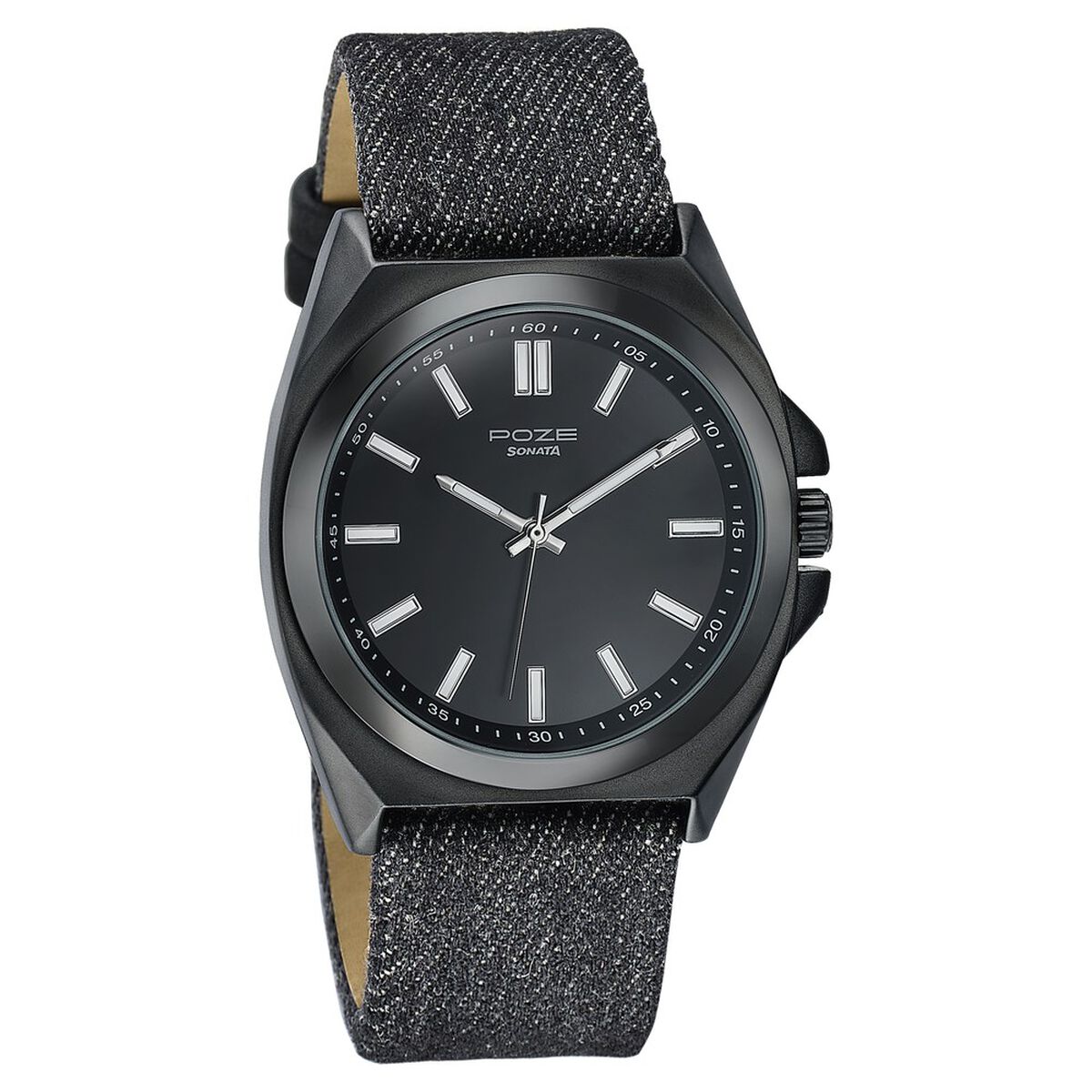 Sonata Poze Quartz Analog Black Dial Black Denim Leather Strap Watch For Men 3