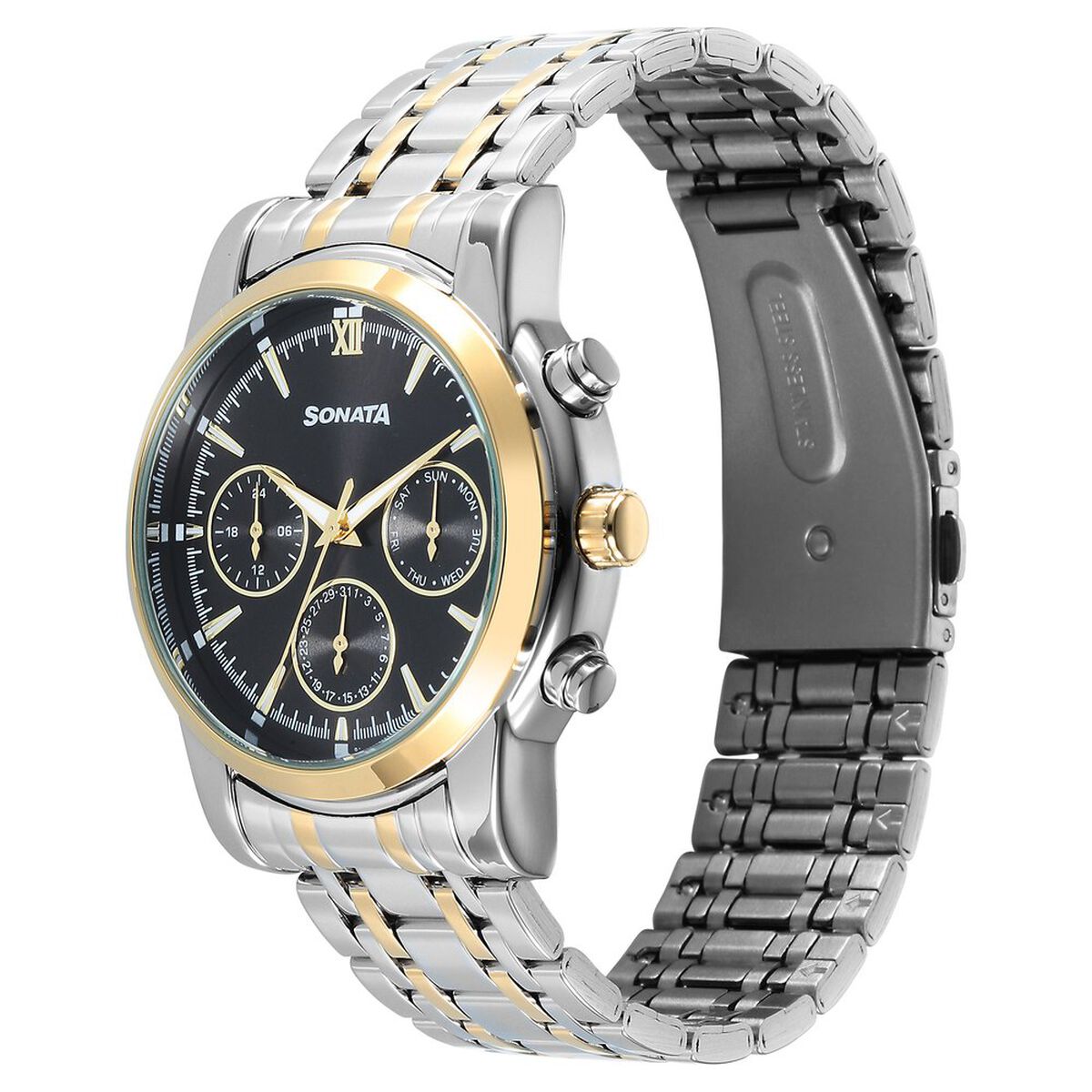 Sonata Wedding Multifunction Black Dial Stainless Steel Strap Watch For Men 3