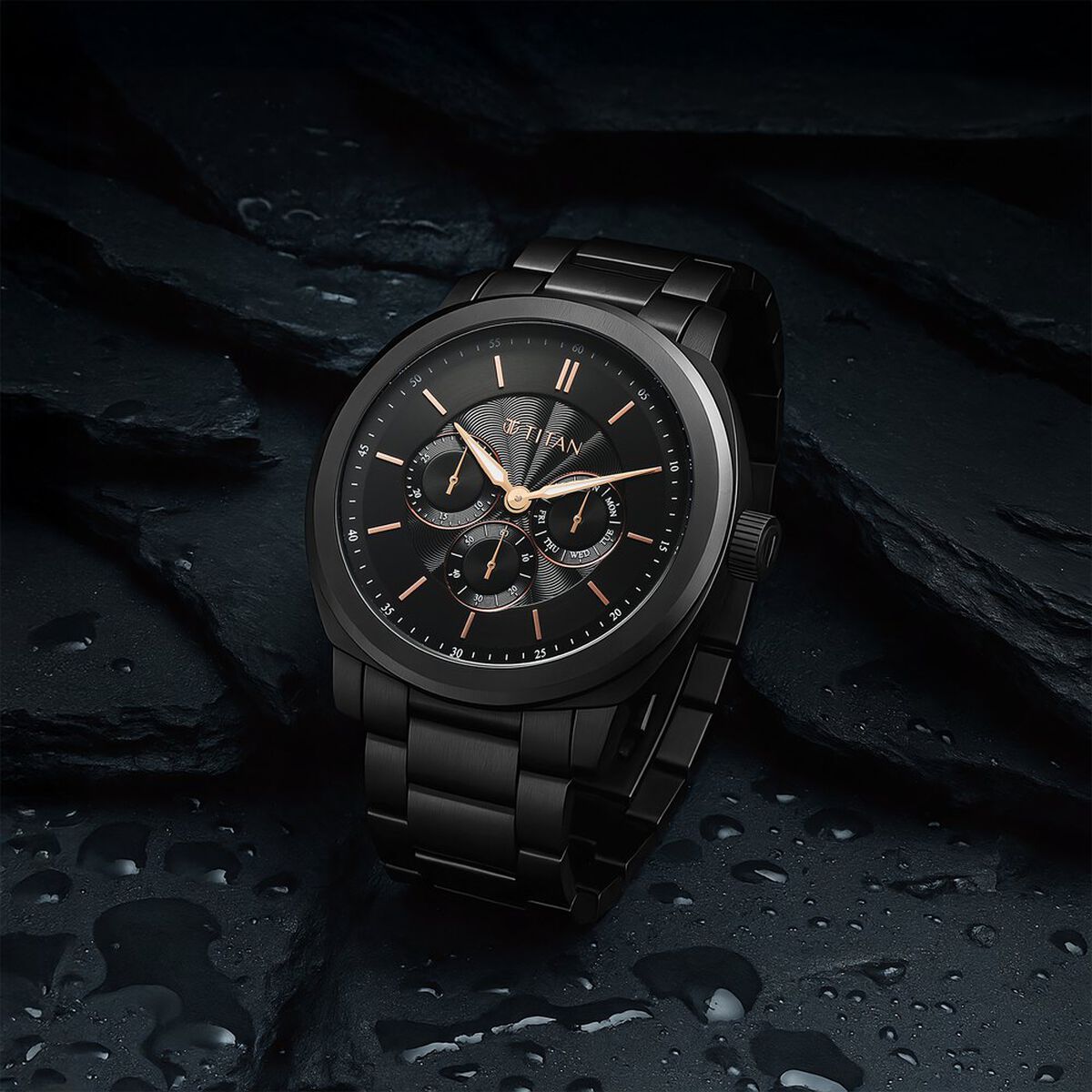 Titan Regalia Arc Analog with Day Date Second Subdial and Black Dial Black Stainless Steel Strap Watch for Men 1