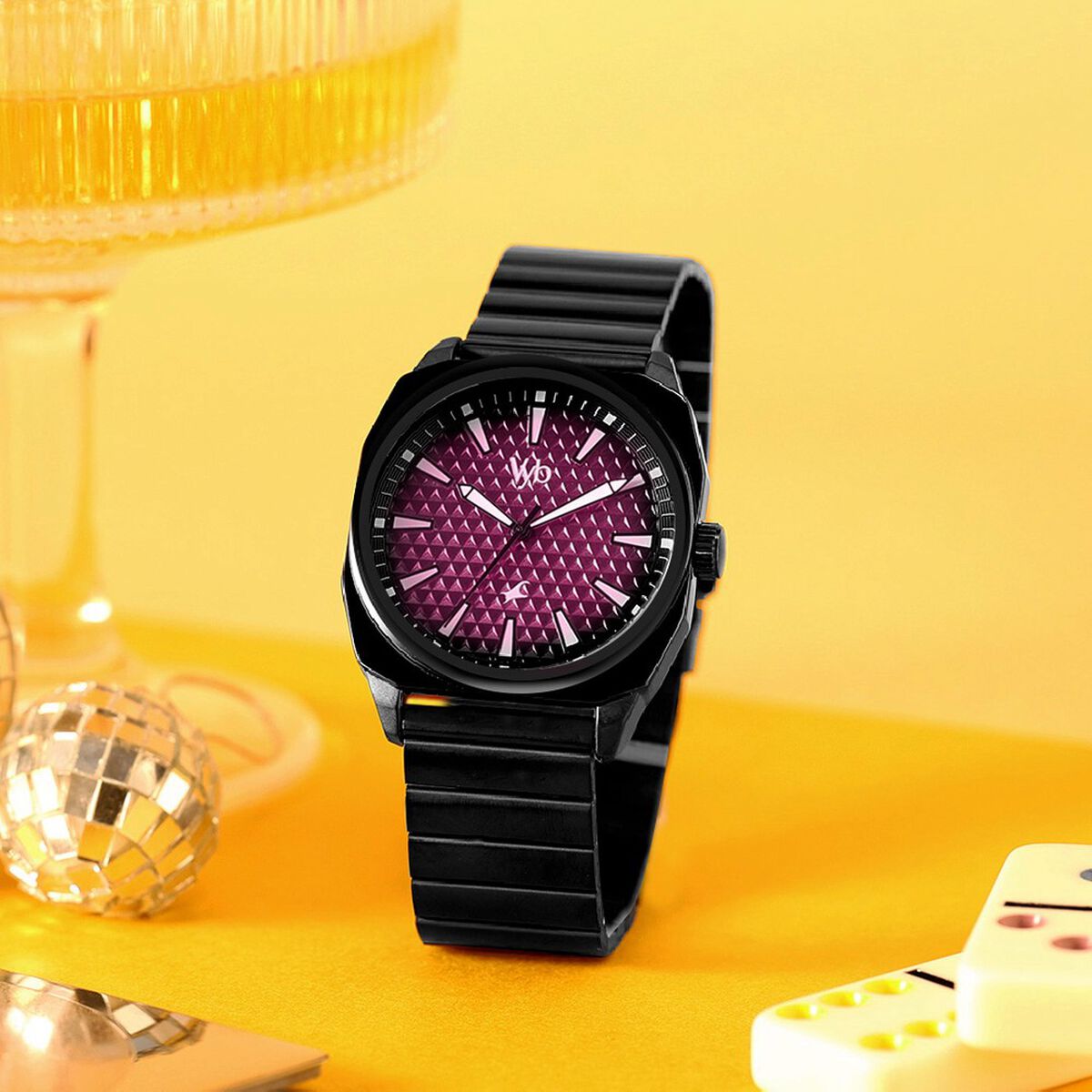 Vyb Drift By Fastrack Quartz Analog Purple Dial Black Stainless Steel Strap Watch For Guys 1