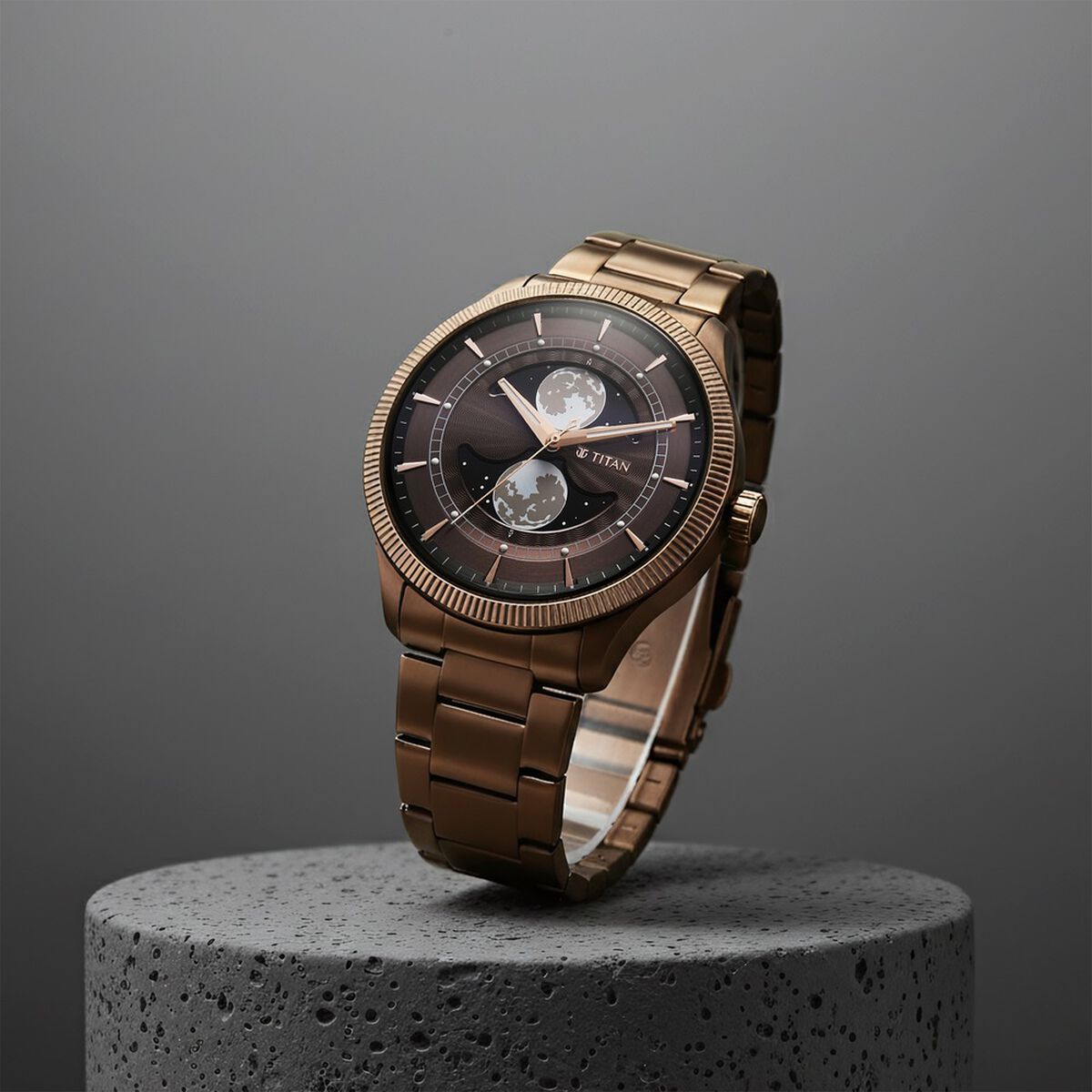 Titan Stellar Analog with Dual Moon Phase and Brown Dial IP Bronze Stainless Steel Strap Watch for Men 1