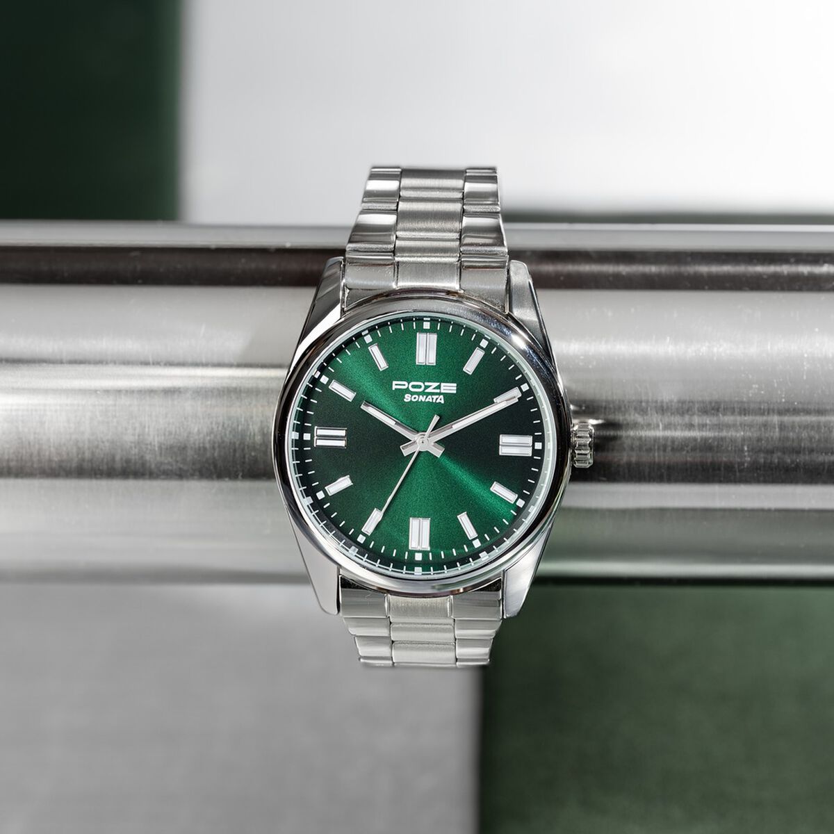 Sonata Poze Quartz Analog Green Dial Silver Stainless Steel Strap Watch For Men 1