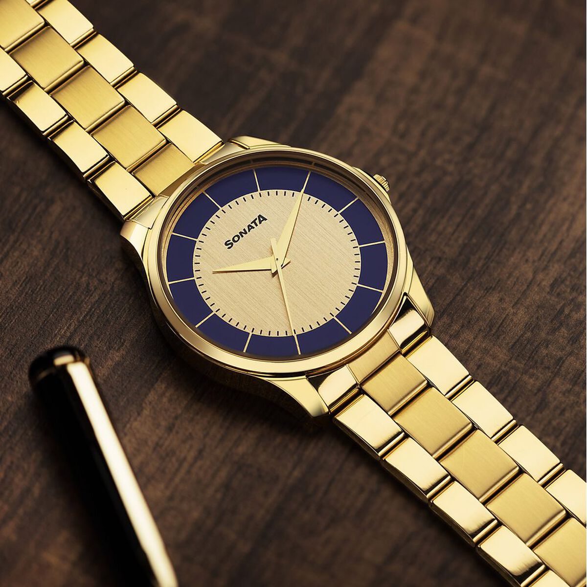 Sonata Traditional Essentials Quartz Analog Multicoloured Dial Golden Metal Strap Watch For Men 1