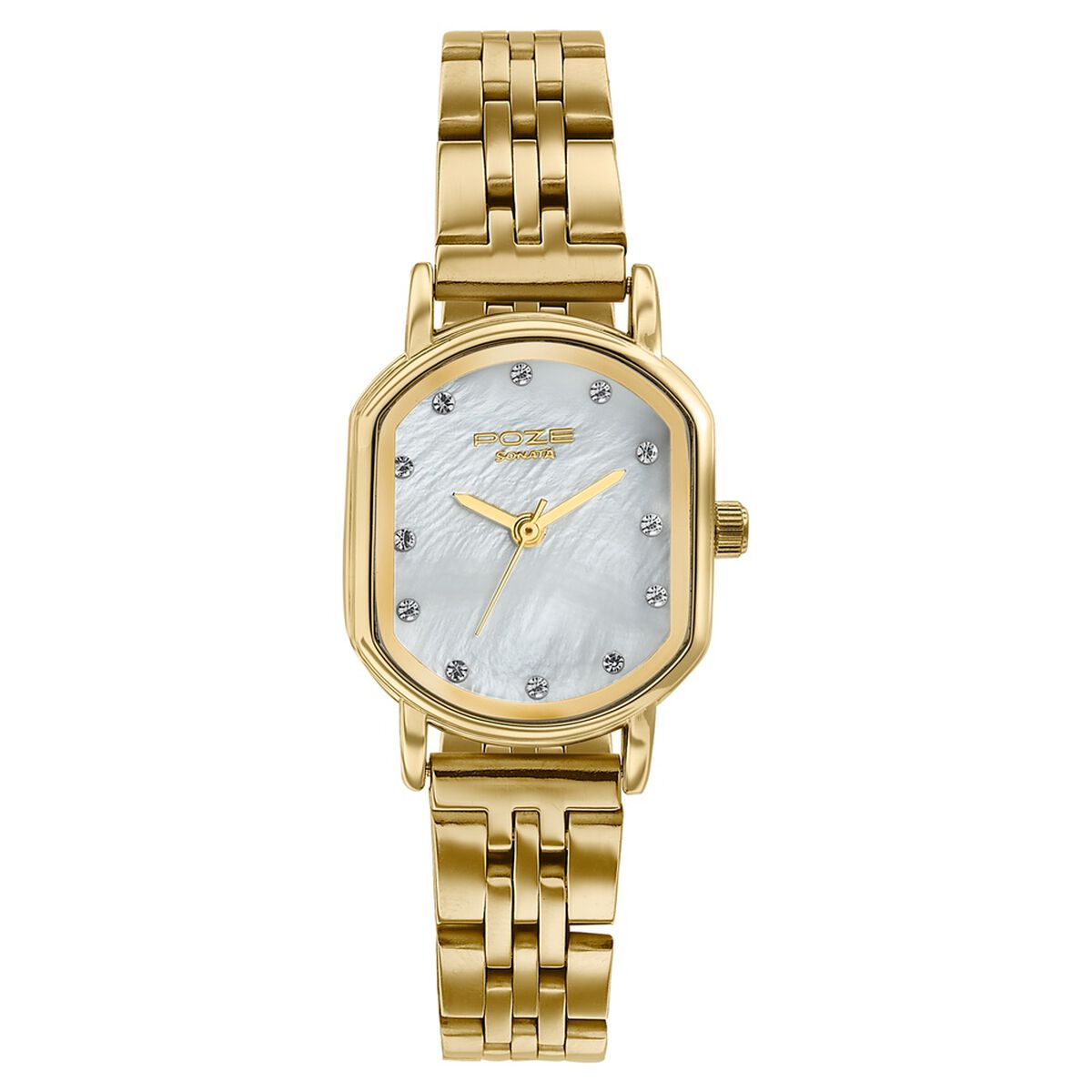 Poze By Sonata Quartz Analog White Mother of Pearl Dial Golden Stainless Steel Strap Watch For Women 2